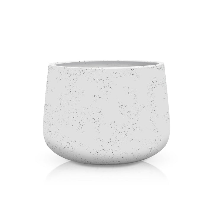 The Aura di Pietra Planter - Large by Landmark Decor is a speckled white ceramic planter with a rounded shape and smooth surface, exuding luxury and nature. Handmade with care, it sits empty on a plain white background, ready to cradle custom plants.