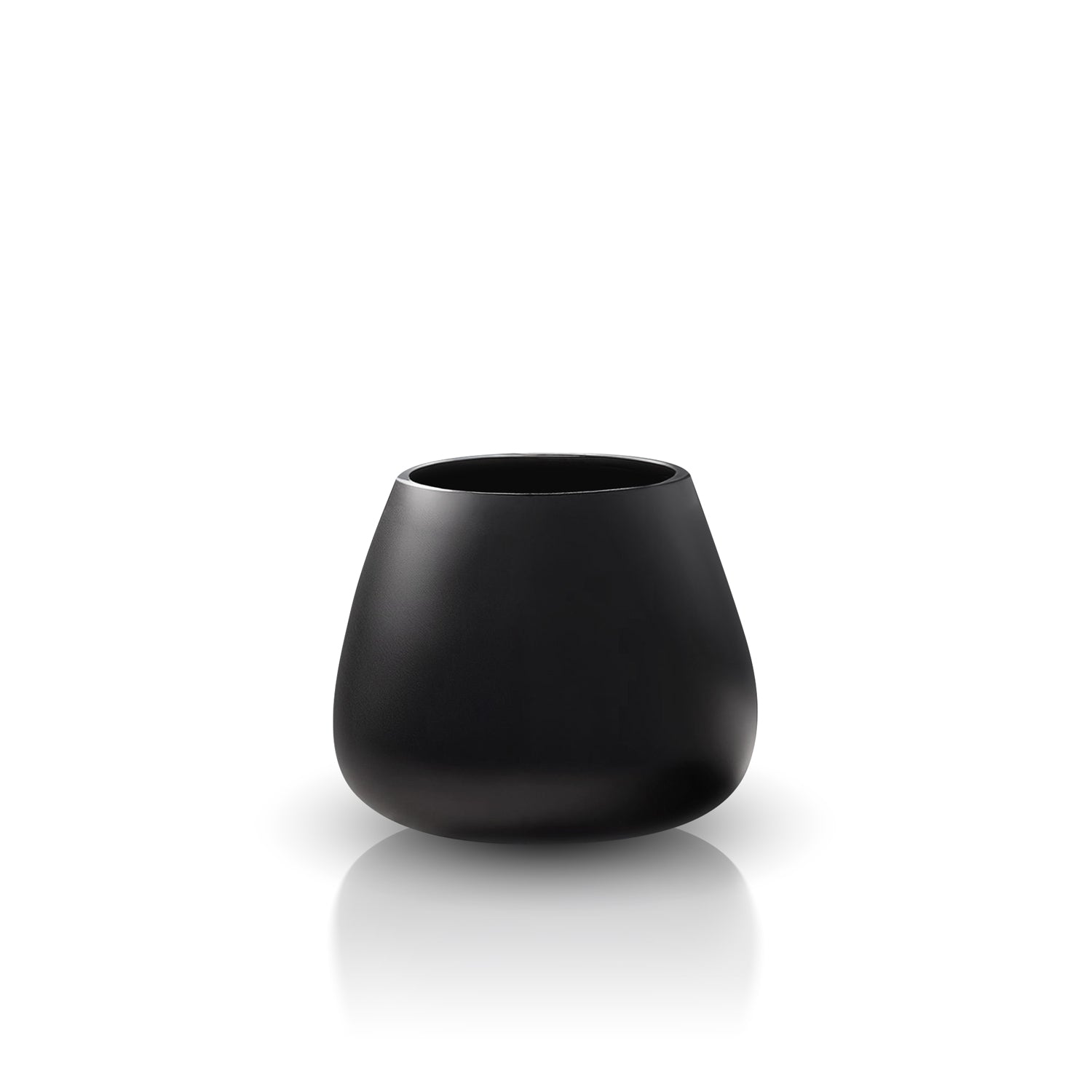 The Ombra di Obsidiana Planter - Small by Landmark Decor is a handmade, matte black vase with a rounded base and narrow opening. Its minimalist design against a plain white background exudes sleek elegance, merging luxury and nature into its sophisticated form.