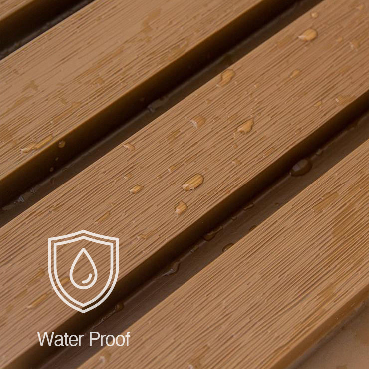 A close-up of Landmark Decors Teak Color Exterior WPC Panel shows water droplets on the brown, weather-resistant wood surface, alongside a waterproof icon with Water Proof text. Ideal for enhancing outdoor spaces with durable panels.