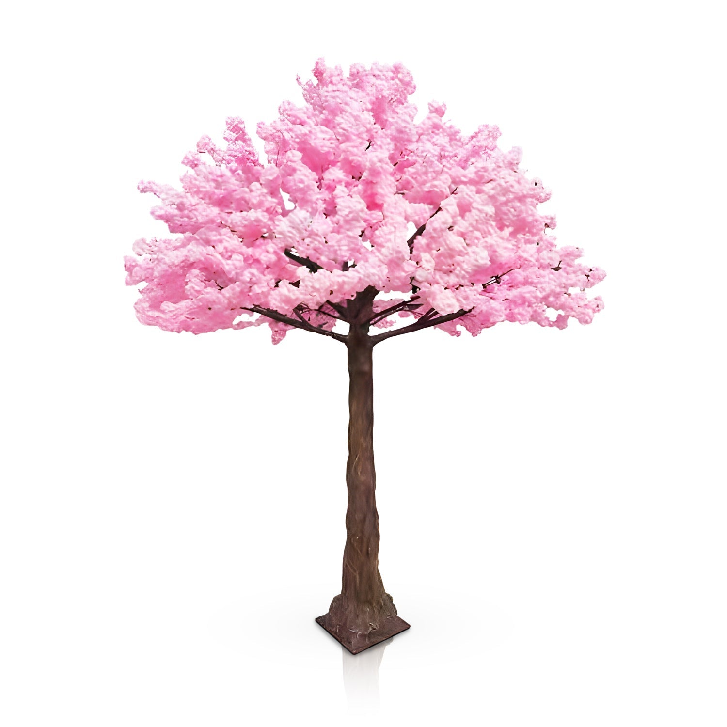 The Romantic Blossom by Landmark Decor features a brown trunk and branches laden with fluffy rose pink flowers, reminiscent of a cherry blossom tree, against a plain white backdrop.