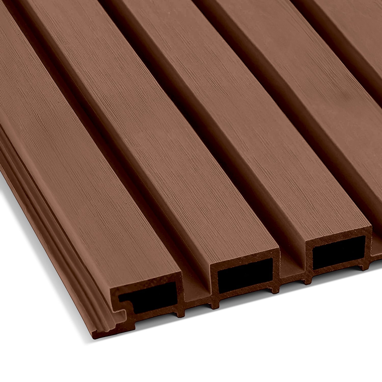 Close-up of Redwood Exterior WPC Panel boards by Landmark Decor, featuring grooved brown surfaces in parallel lines. These weather-resistant, hollow rectangles enhance durability and offer a modern aesthetic for outdoor spaces.