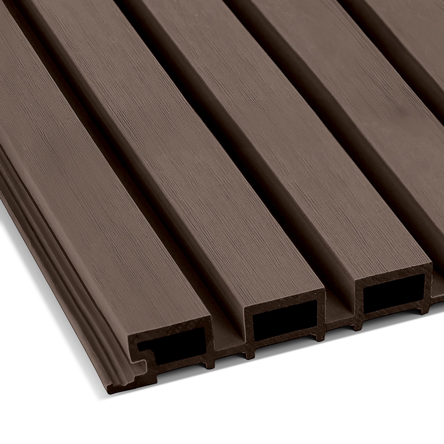 Close-up of Landmark Decors Rosewood Exterior WPC Panel, a brown composite deck board with grooved texture and hollow channels. Its durable, engineered design excels in outdoor spaces, providing exceptional weather resistance.