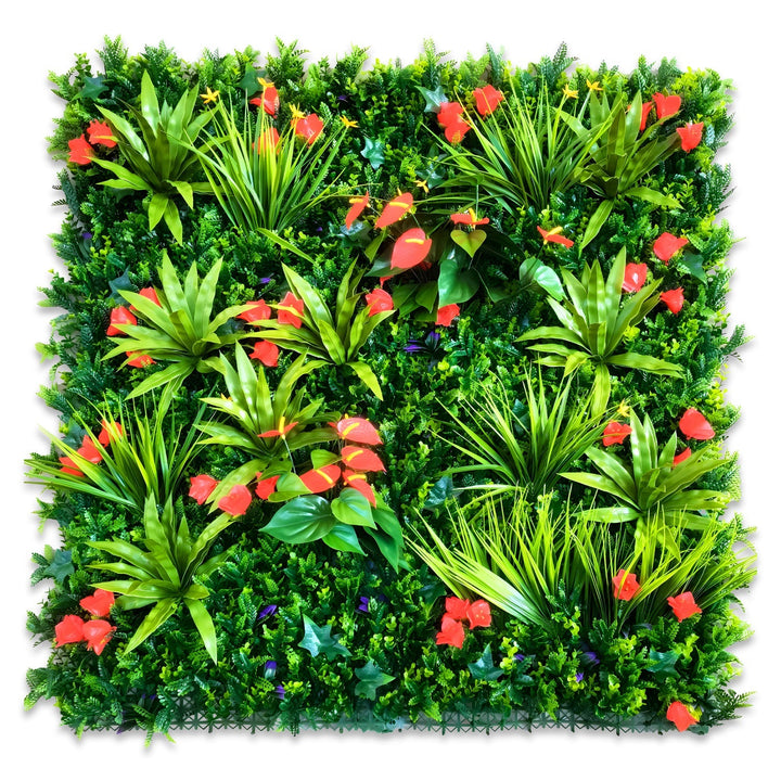 The Tropical Floral Wall by Landmark Decor features a square vertical garden panel with green foliage, striking red flowers, and lush patches of flower grass, creating a textured and colorful display.