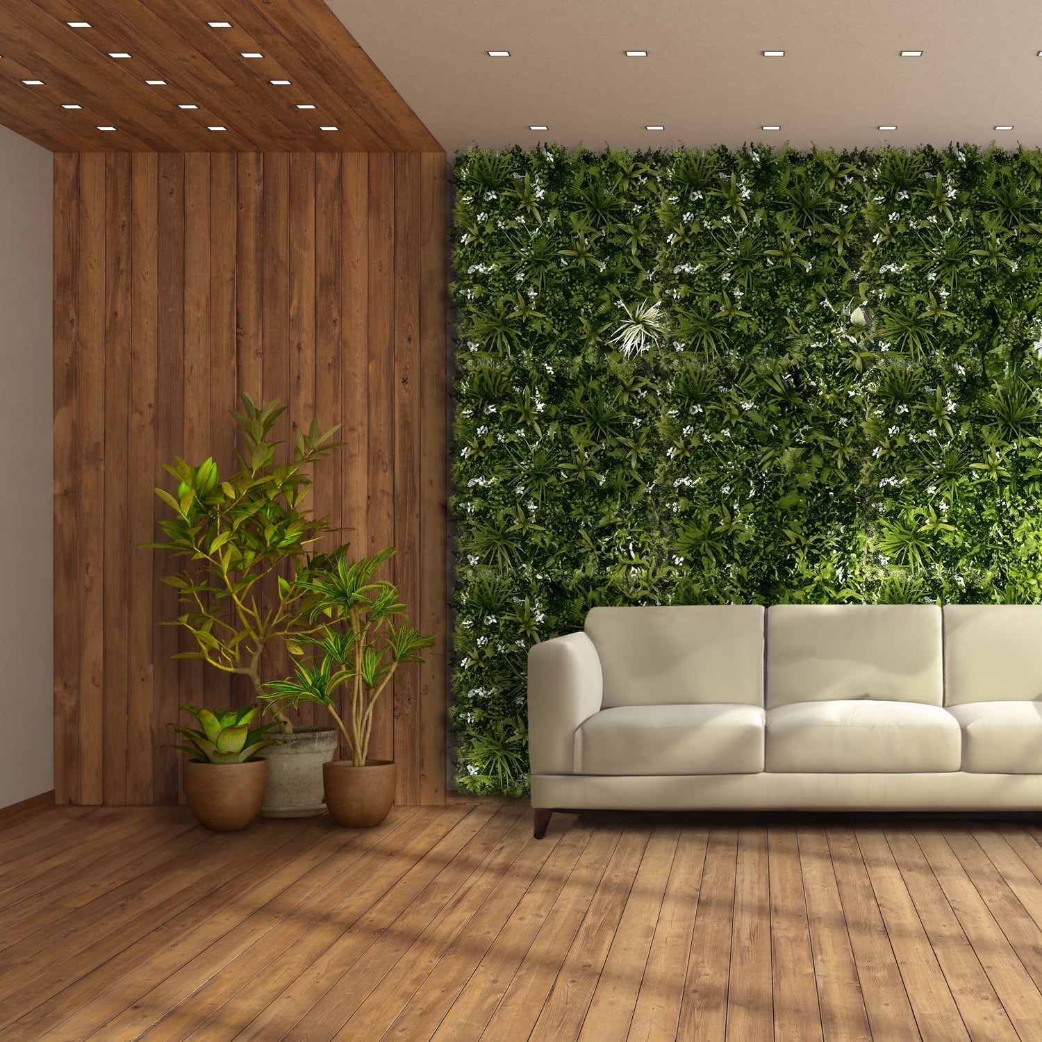 A modern room featuring a beige sofa is set against Landmark Decors Tropical Peace Wall, lined with white flower grass. Wooden flooring and vertical paneling complement the lush greenery. Potted plants elevate the decor, while small ceiling lights offer illumination.