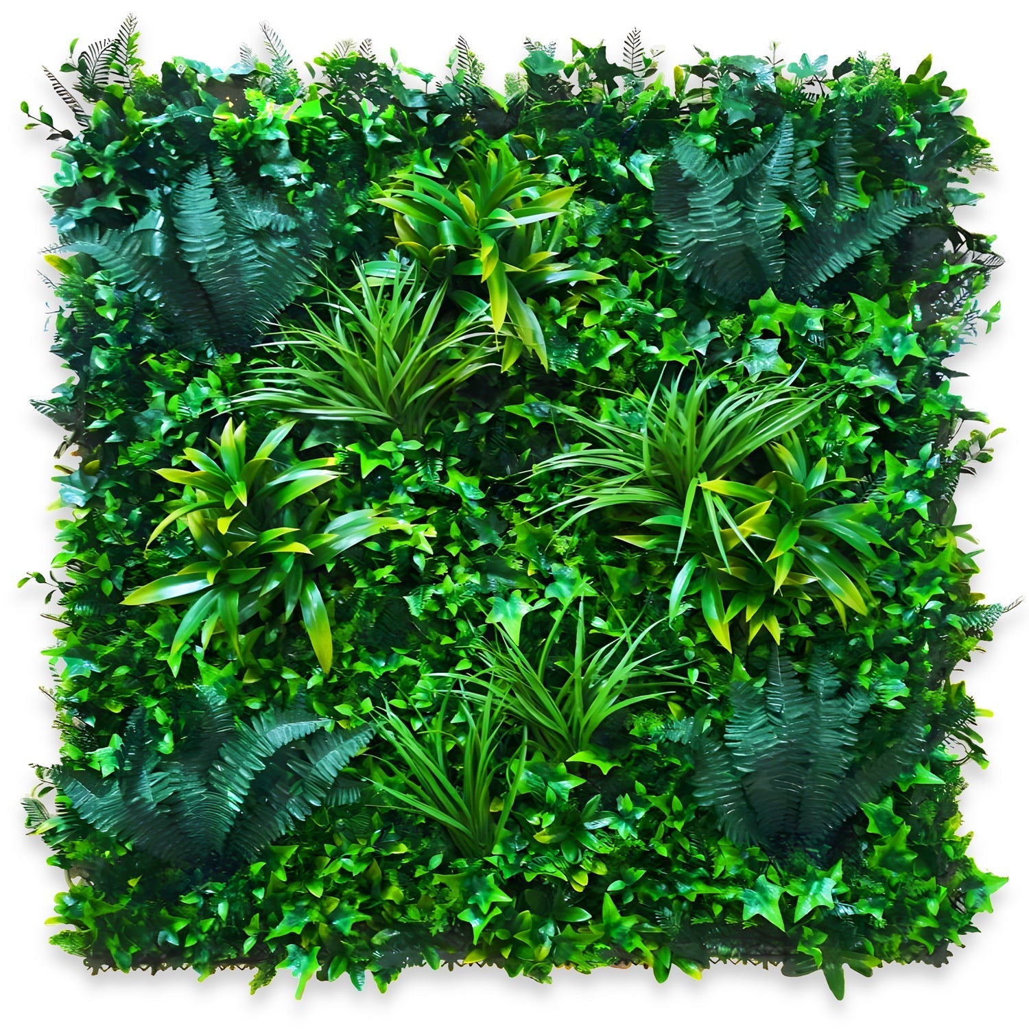 Landmark Decors Emerald Sanctuary is a vertical garden panel featuring densely arranged lush green plants, such as ivy, ferns, and tropical leaves, in a rectangular shape.