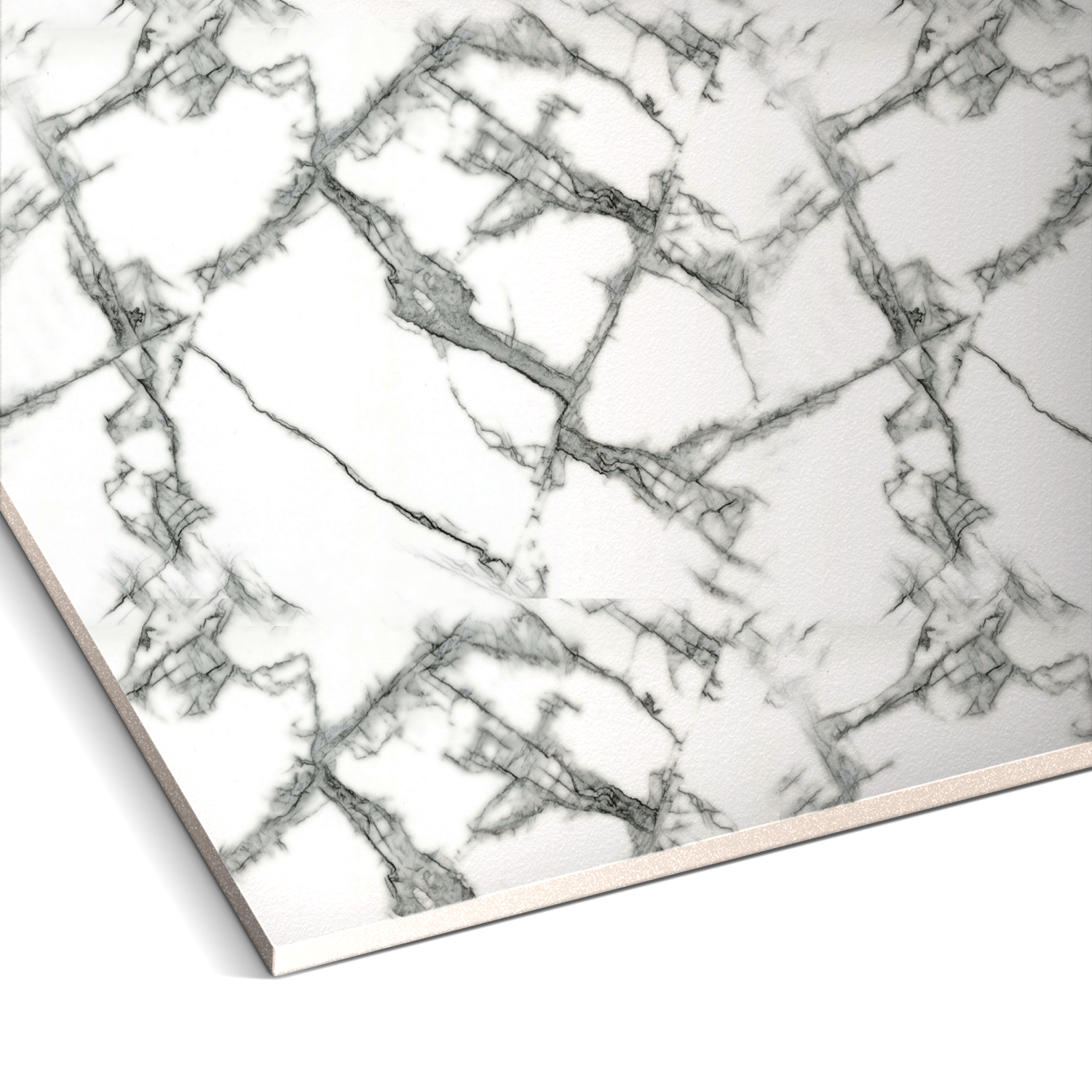 A close-up of Silver Frost Marble Durable PVC Wall by Landmark Decor reveals its elegant white surface with intricate gray veining, highlighting the luxurious aesthetics and smooth texture. This design offers a durable solution for sophisticated spaces.