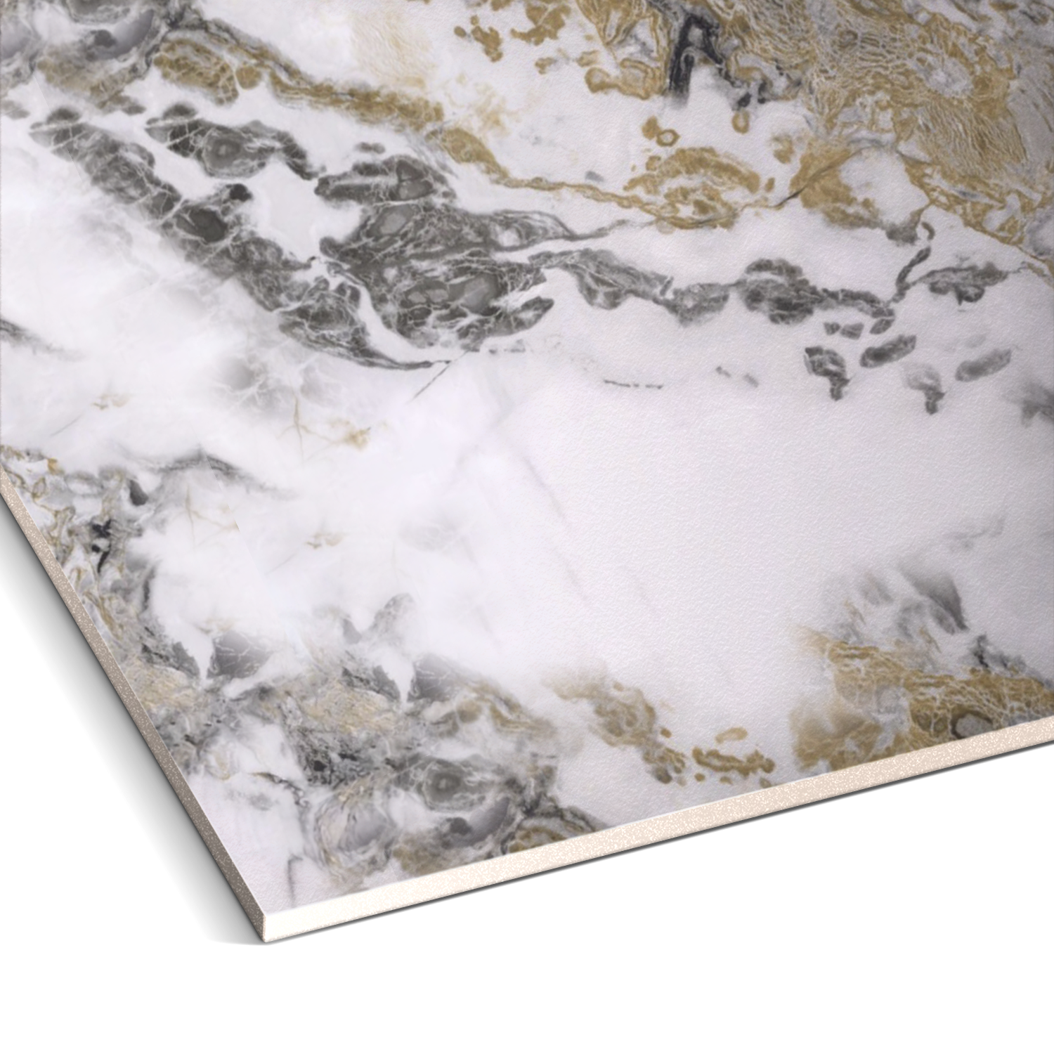 The Golden Elegance Marble Durable PVC Wall by Landmark Decor features a close-up of a triangular piece of white marble with black and brown veining, creating a luxurious abstract pattern. Its smooth surface and slightly visible edges make it perfect for sophisticated interior design.