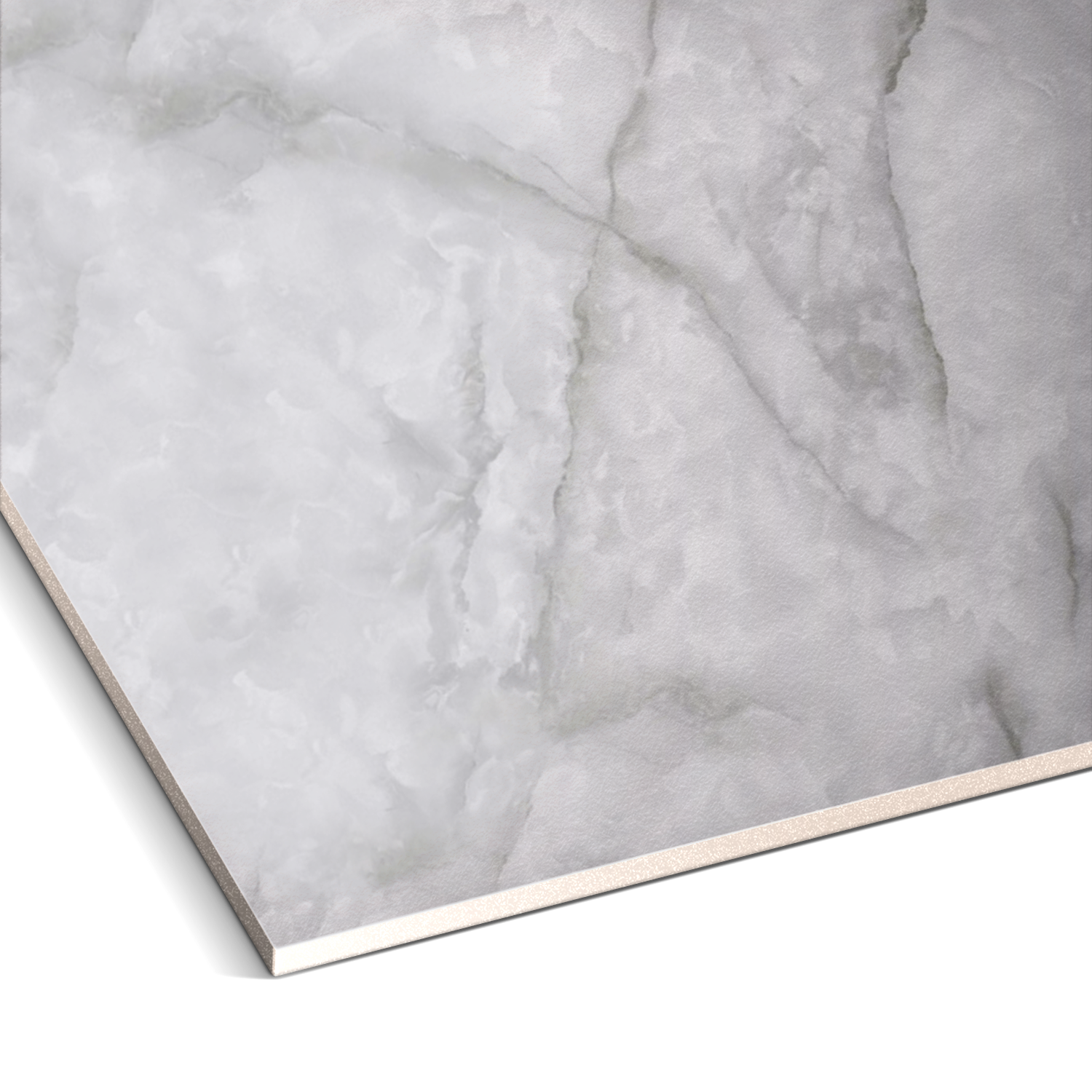 A close-up of Landmark Decors Misty Stone Marble Durable PVC Wall reveals a polished light gray marble slab with subtle white and darker gray veins. Ideal for interior design, the visible edges emphasize its thickness, making it perfect for decorative panels or wall applications.
