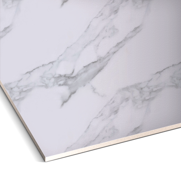 A close-up of the Pearl Mist Marble Durable PVC Wall by Landmark Decor showcases a marble-textured finish with white and gray shades. The subtle veining and polished edges add elegance, perfect for enhancing any interior design.