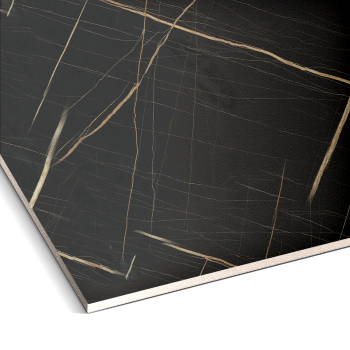 Close-up of Landmark Decors Midnight Gold Marble Durable PVC Wall, featuring a dark surface with light veins and a polished finish that create a luxurious, web-like texture for a high-end aesthetic.