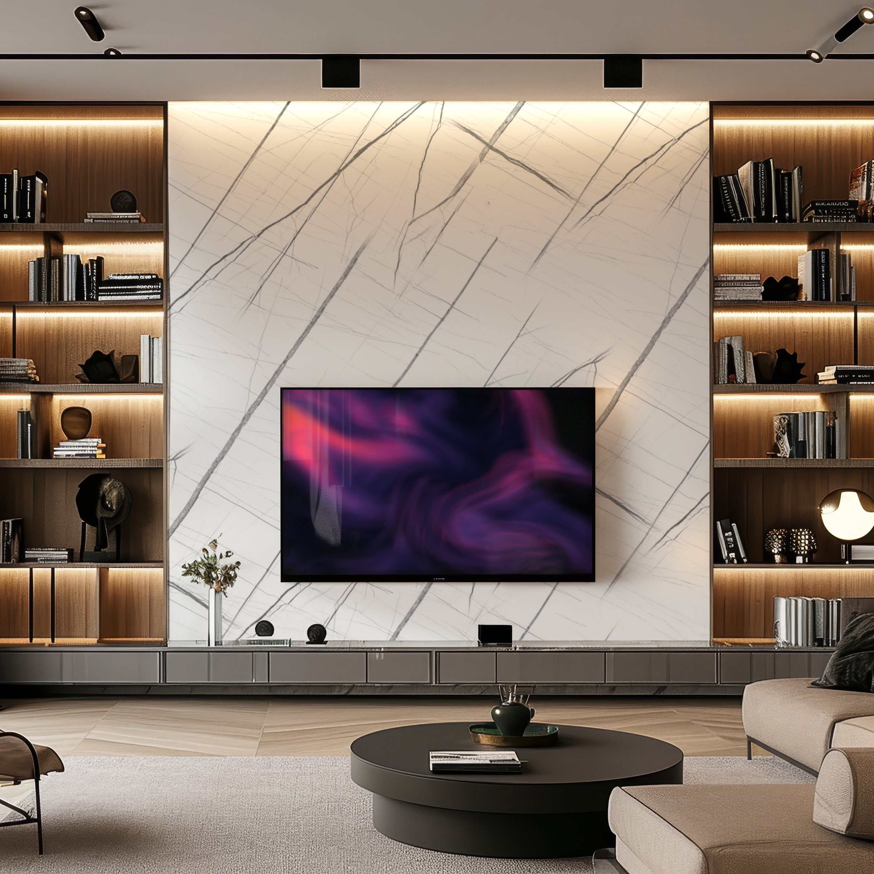 The modern living room exudes luxury with a large TV mounted on Landmark Decors Pure Contrast Marble Durable PVC Wall. Built-in wooden shelves display books and decor, while a round coffee table and curved beige sofa enhance the space, all highlighted by subtle warm lighting.