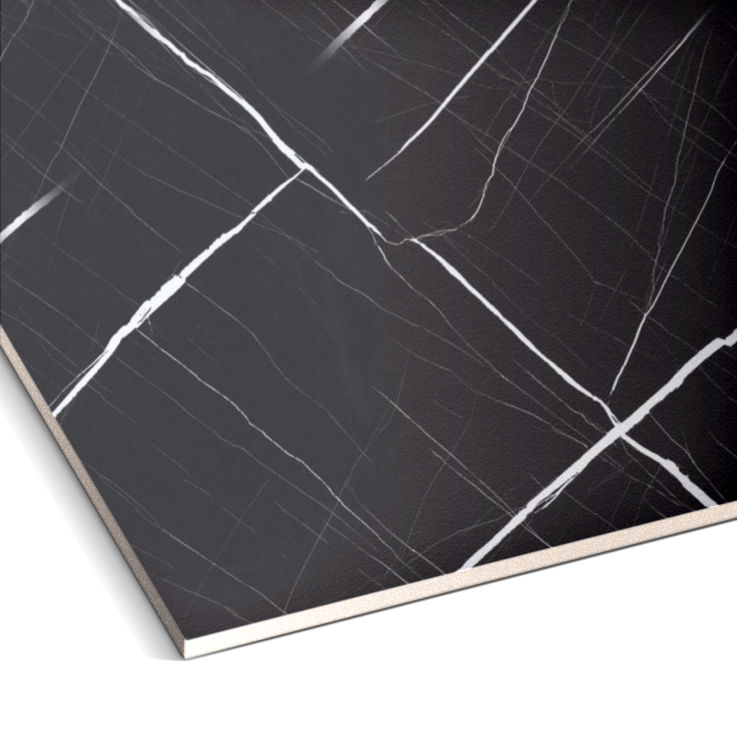 The Noir Frost Marble Durable PVC Wall by Landmark Decor features a dark surface with thin, intersecting white lines that mimic marble veins. Its smooth texture and slight sheen create geometric patterns for luxurious aesthetics.