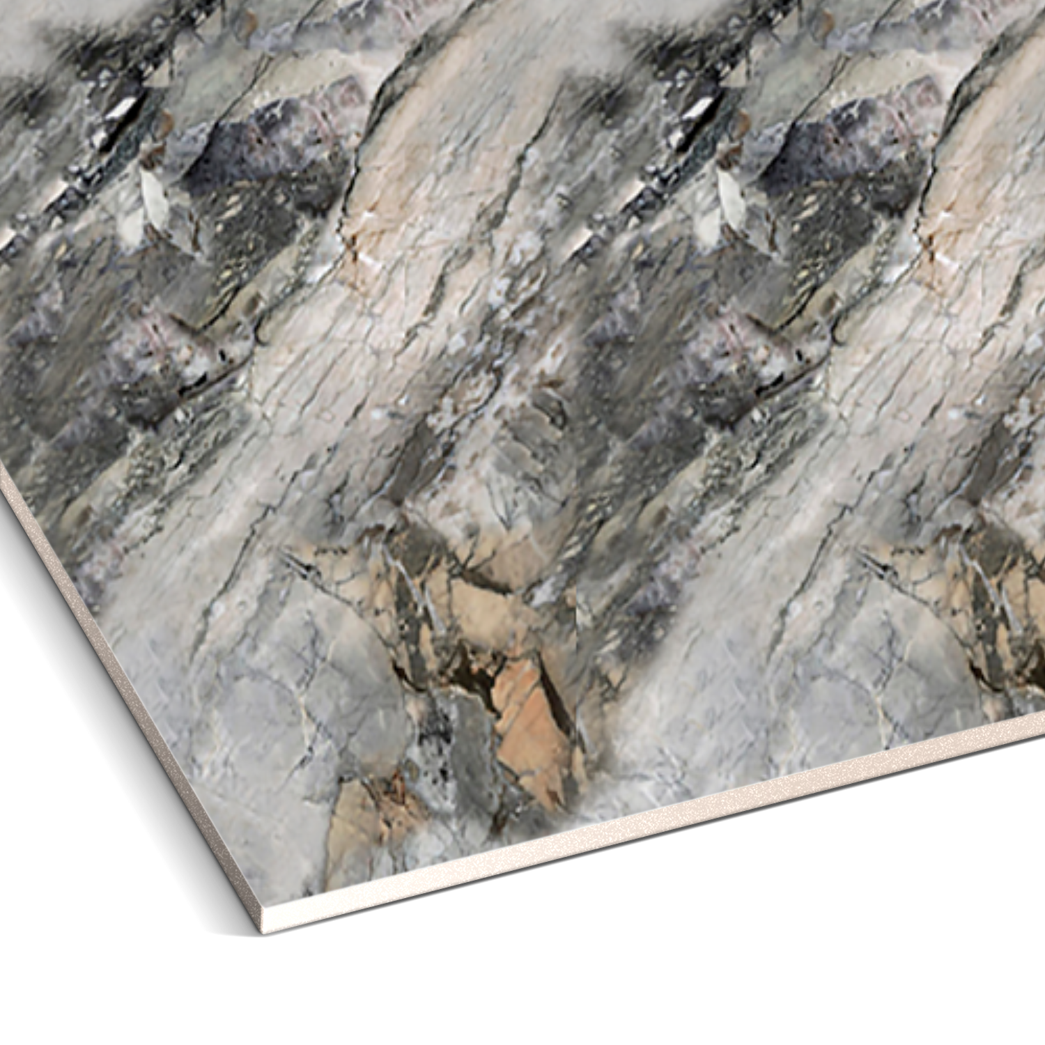 A detailed look at the Fossil Gray Marble Durable PVC Wall by Landmark Decor reveals luxurious aesthetics with a mix of gray, black, and beige veining. Ideal for contemporary settings or as a stylish alternative to traditional wall panels.