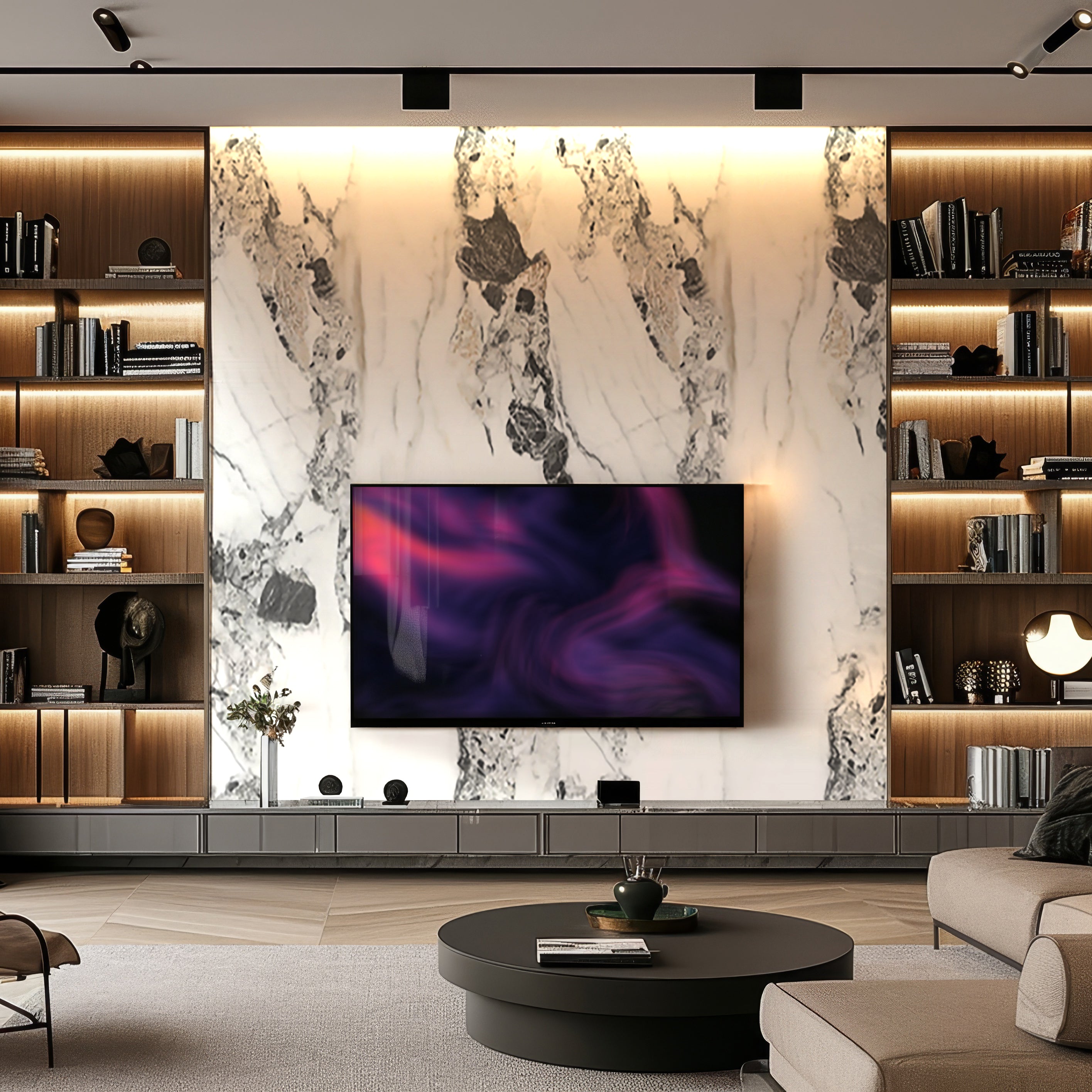 Featuring luxurious aesthetics, this modern living room boasts a wall-mounted TV against Landmark Decors Crystal Cliff Marble Durable PVC Wall panels, complemented by built-in lit wooden shelves and a round coffee table.