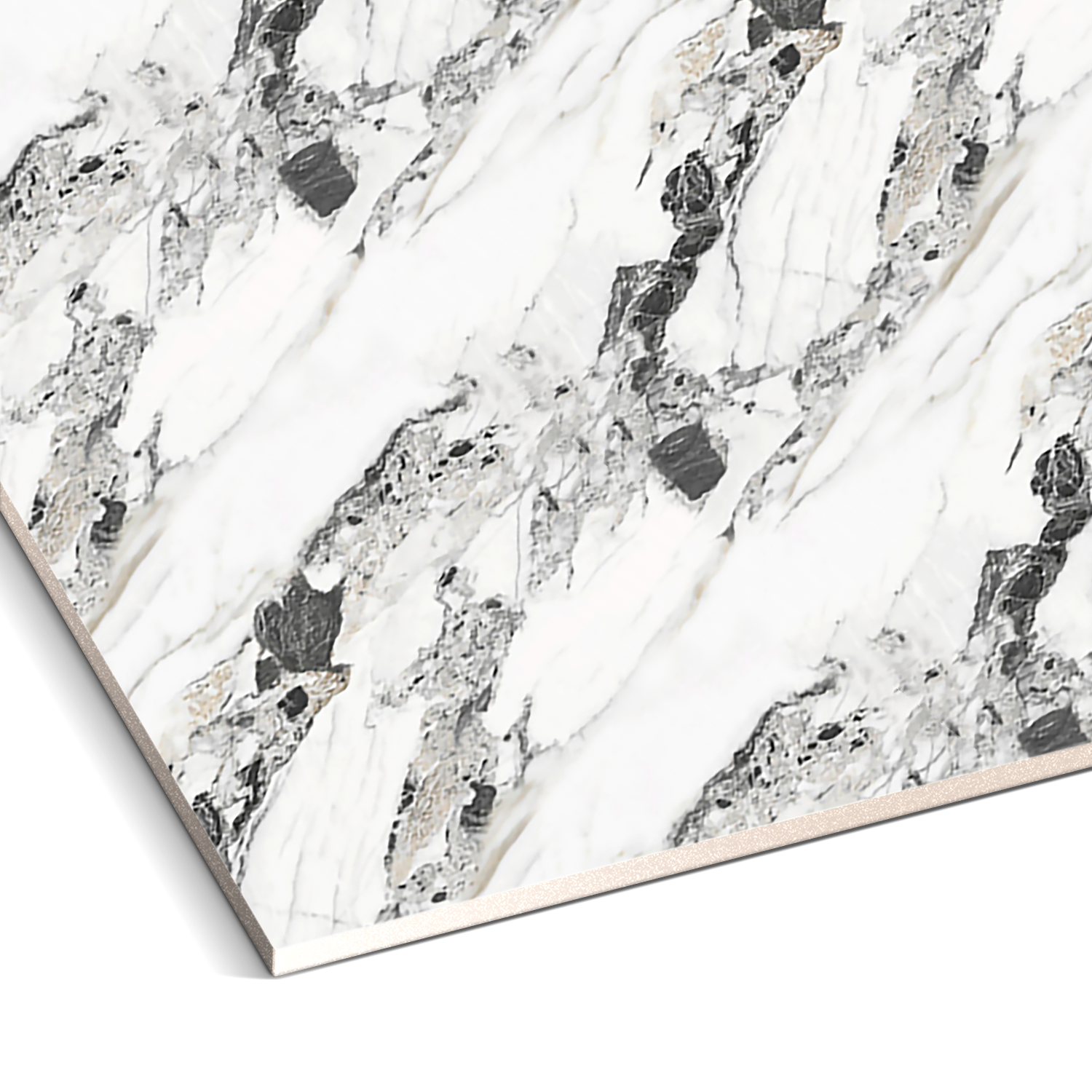 Close-up of the Crystal Cliff Marble Durable PVC Wall by Landmark Decor, featuring a PVC marble surface with black, white, and gray swirls. The corner highlights its smooth texture and natural-looking veining, ideal for adding luxurious aesthetics to contemporary spaces.