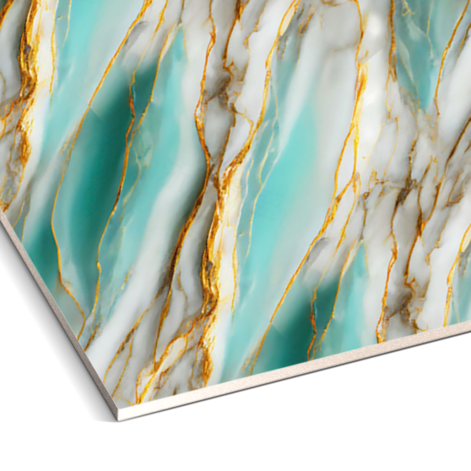 The Aqua Flame Marble Durable PVC Wall by Landmark Decor, featuring turquoise and white hues with elegant gold veining, viewed at an angle, perfectly complements contemporary settings.