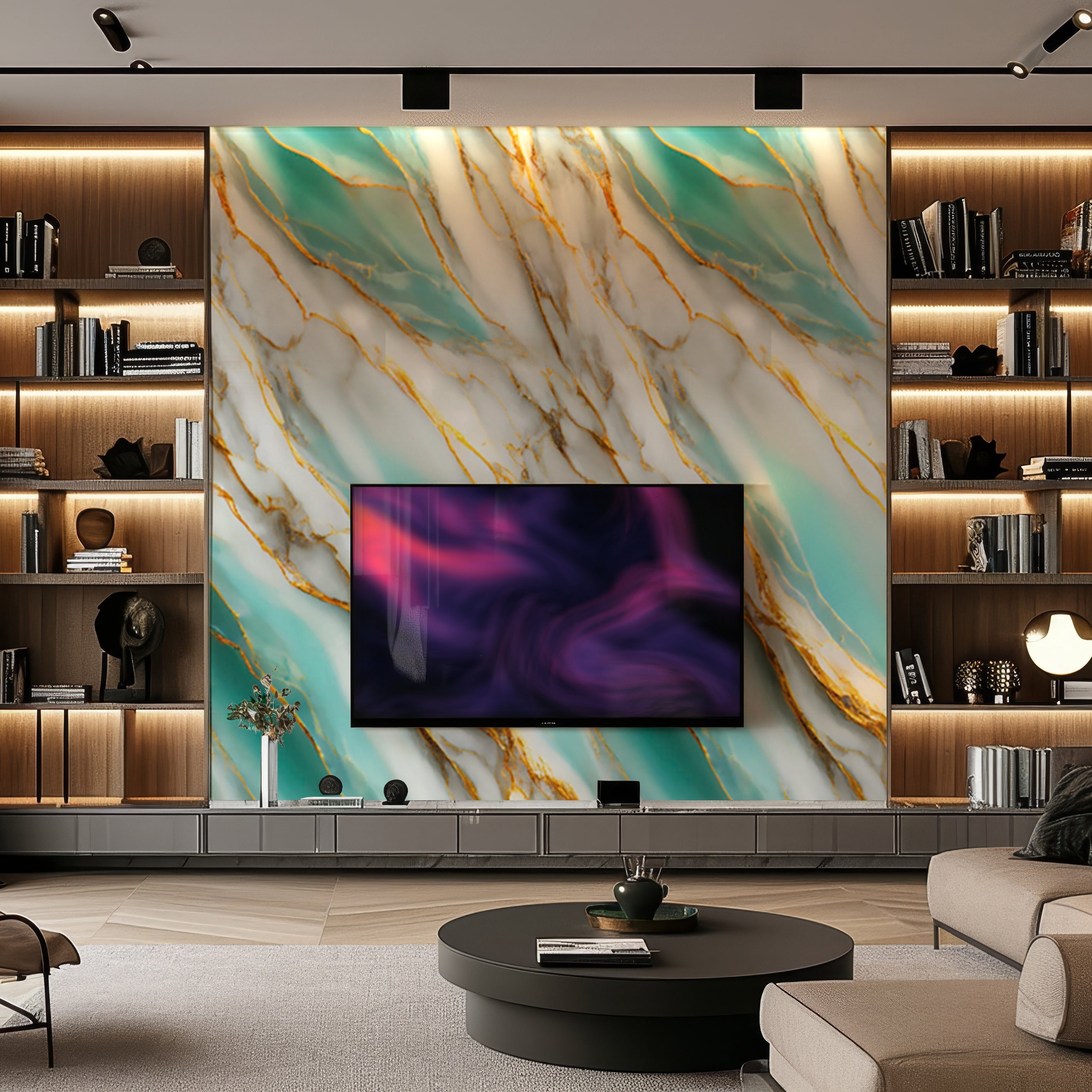 A modern living room exudes luxury with a wall-mounted TV and illuminated wooden shelves. Landmark Decors Aqua Flame Marble Durable PVC Wall panels, showcasing a stunning teal, white, and gold design, are perfect for contemporary aesthetics.