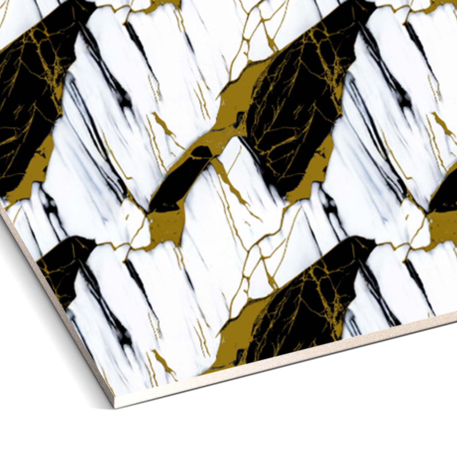 Experience luxury with the Oblique Noir Marble Durable PVC Wall panels by Landmark Decor, featuring an abstract design with diagonal black shapes, white marble-like textures, and gold veins. Ideal for blending elegance with resilience.