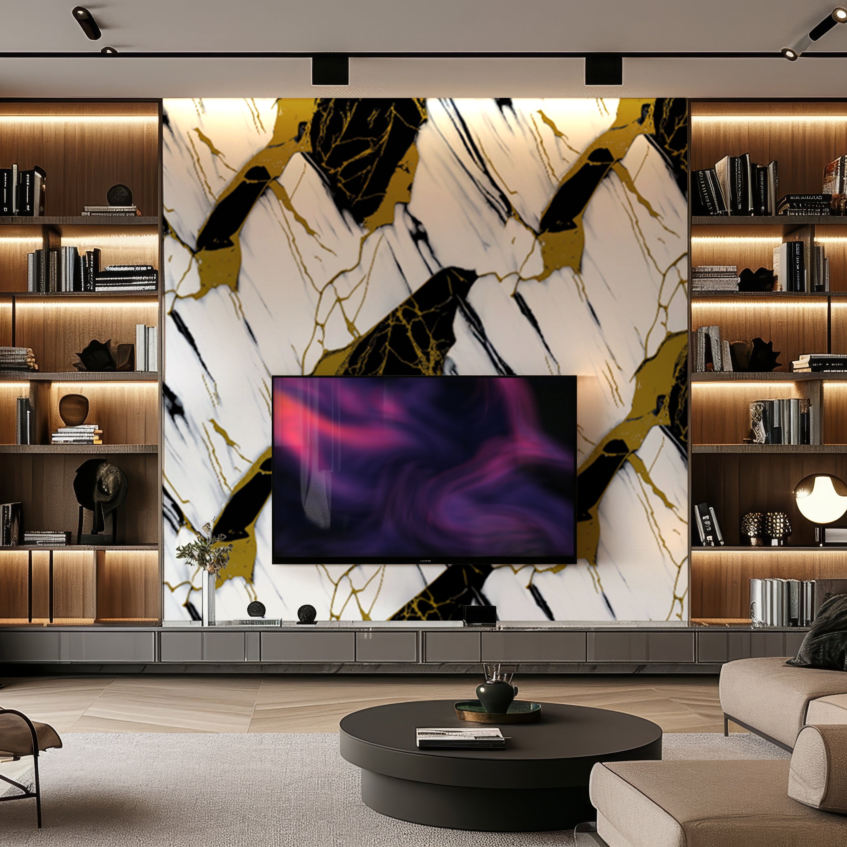 Transform your modern living room with the luxurious Oblique Noir Marble Durable PVC Wall by Landmark Decor. Its bold black, white, and gold geometric patterns offer a seamless blend of elegance and contemporary style, perfect with wooden shelves filled with books and decorative items.