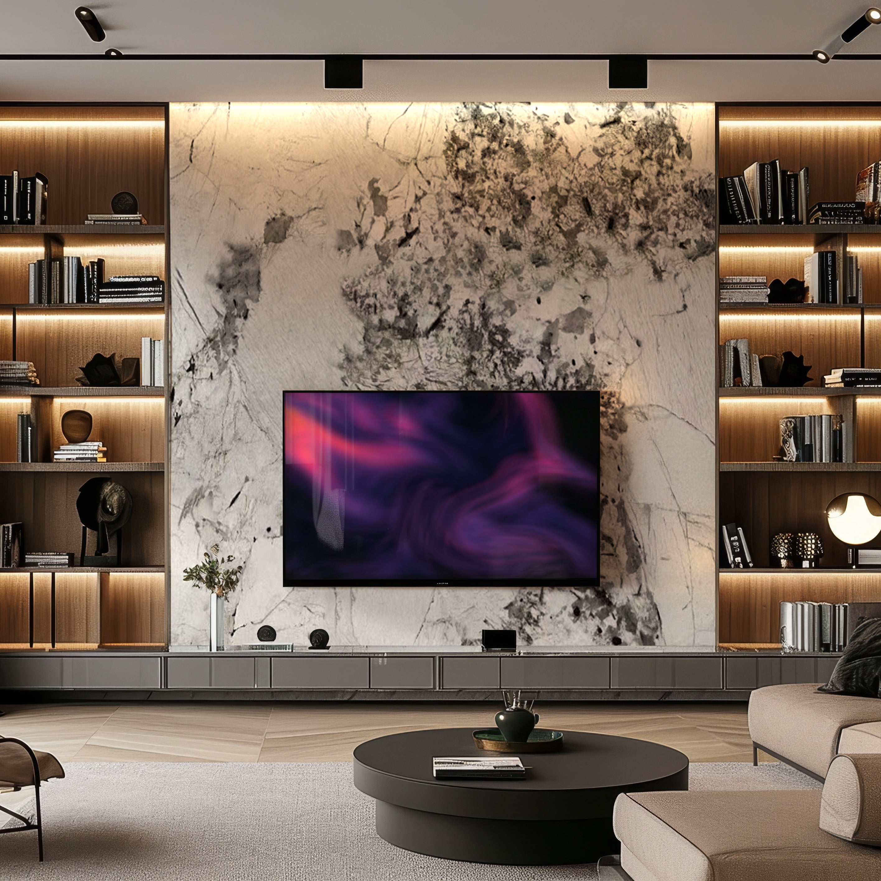 A modern living room showcases refined luxury with a large TV on Landmark Decors Winter Moss Marble Durable PVC Wall panels. Built-in bookshelves with books and decor items flank the wall, and a round coffee table completes this chic interior design.