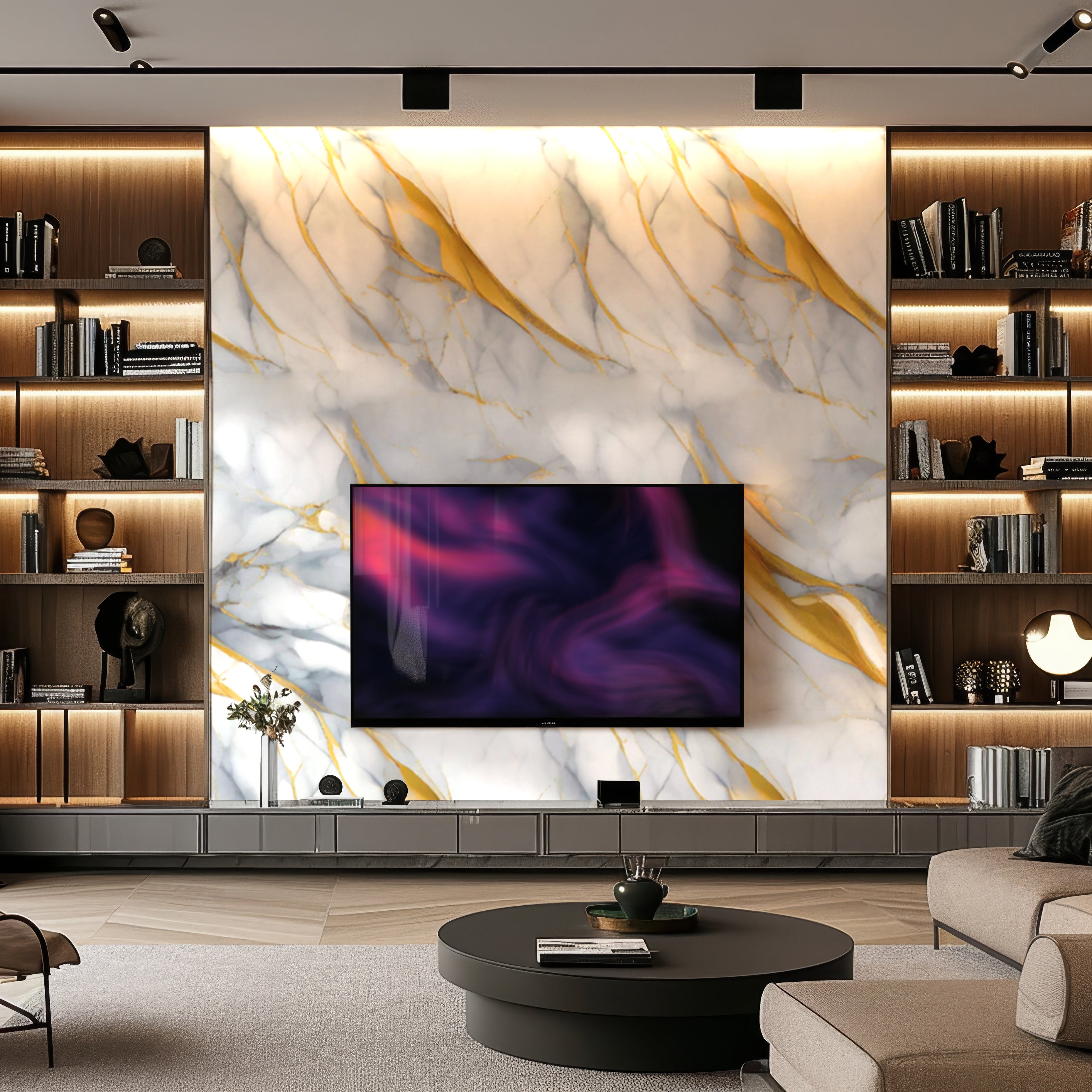 A modern interior design graces the living room with the Landmark Decor Azure Mist Marble Durable PVC Wall, featuring gold veining. A flat-screen TV elegantly mounts above built-in shelves showcasing decorative pieces, while a round coffee table enhances the luxurious aesthetics.