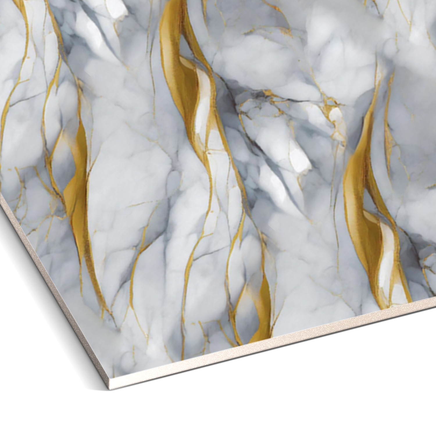 The Golden Vein Marble Durable PVC Wall by Landmark Decor boasts a luxurious abstract design with white marble and golden streaks, providing durability and aesthetic allure to enhance any interior space.