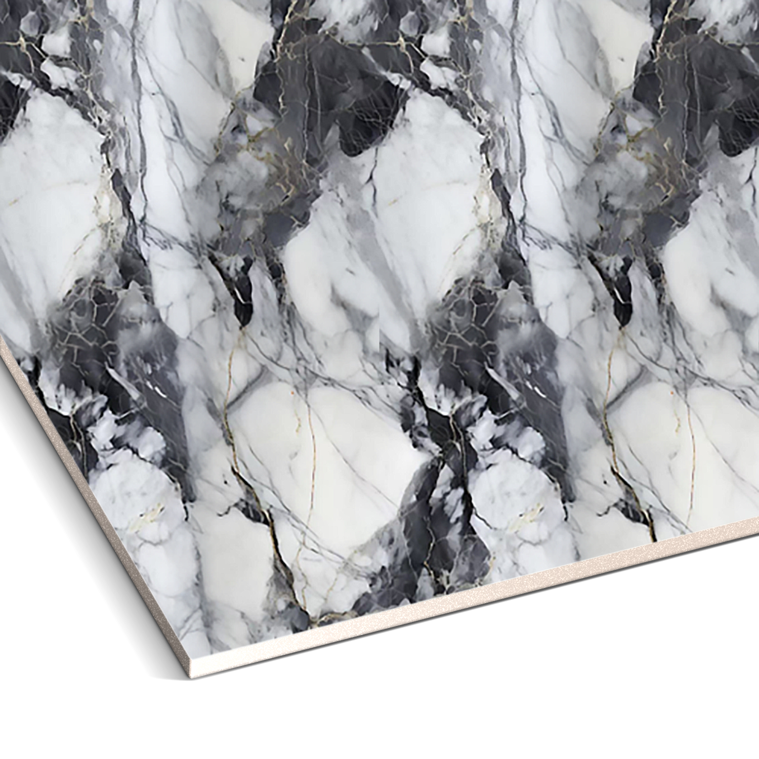 The Shadow Storm Marble Durable PVC Wall panels by Landmark Decor feature an abstract black and white pattern with gray veins, forming a symmetrical geometric design that adds luxurious aesthetics to interiors.