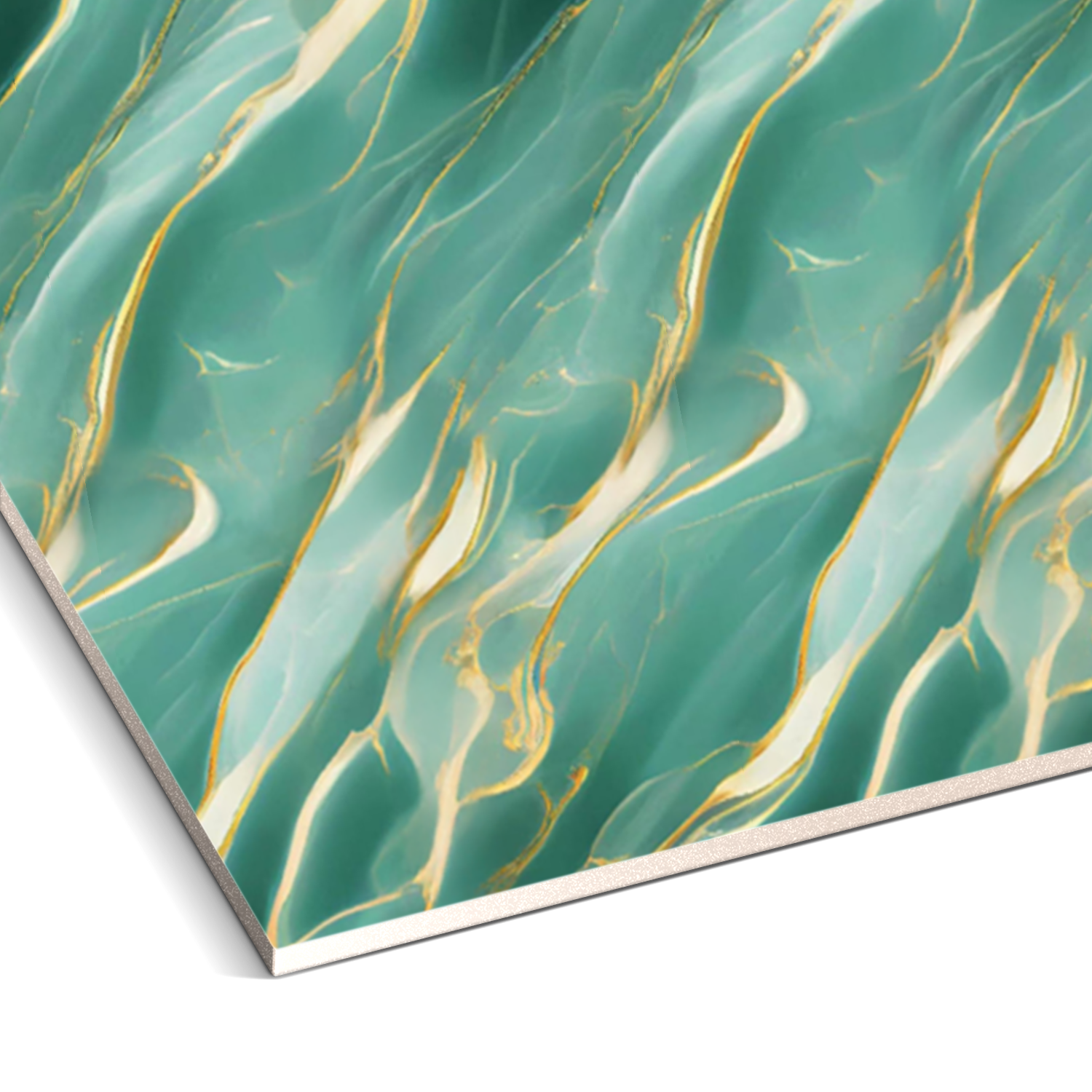 The Aqua Whisper Marble Durable PVC Wall by Landmark Decor features a teal and gold marble pattern that exudes luxury, transforming any space into an elegant sanctuary.