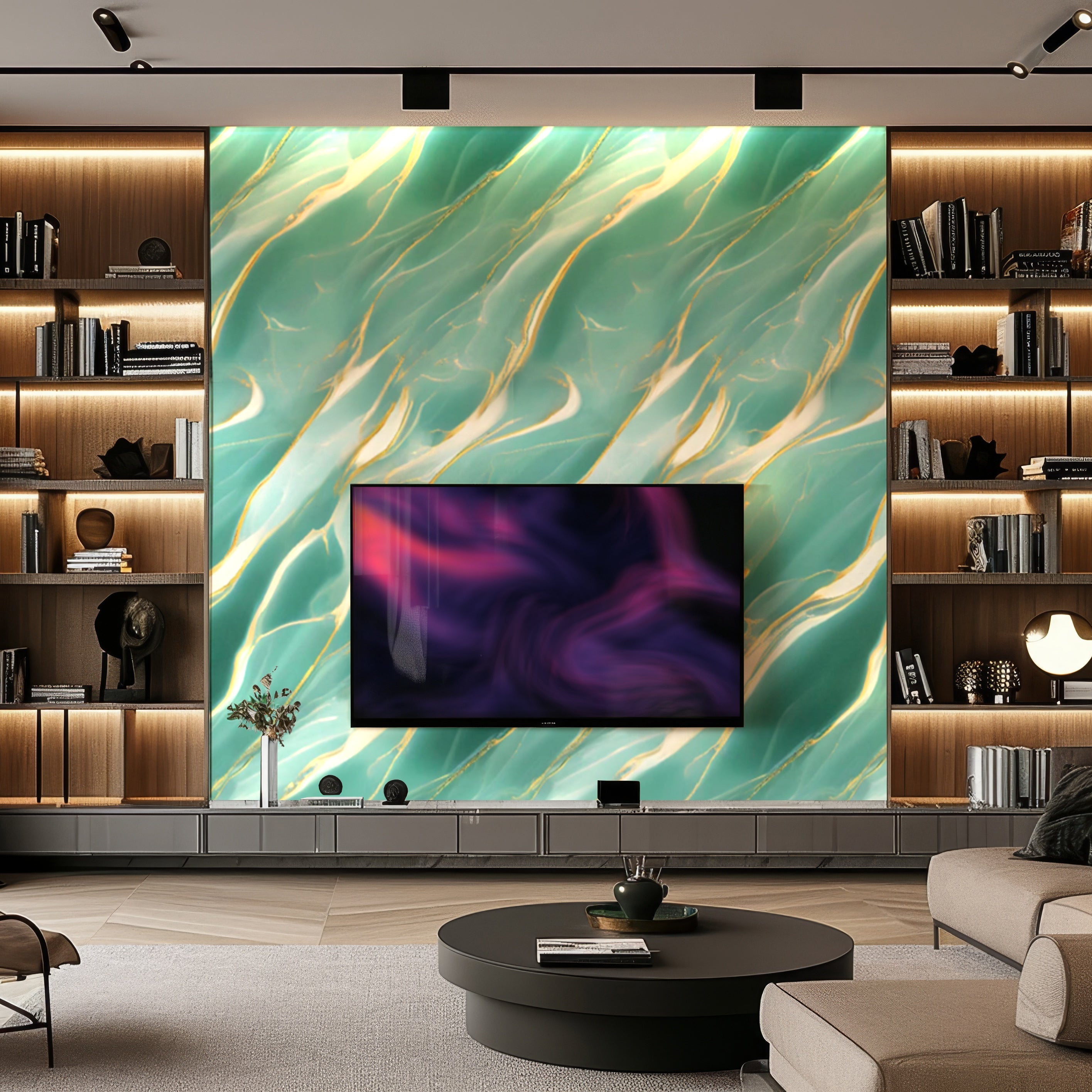 A modern living room features the Aqua Whisper Marble Durable PVC Wall by Landmark Decor, an abstract-patterned accent wall, enhancing the space with a mounted TV, bookshelves, and soft lighting accents for a sophisticated and luxurious sanctuary.