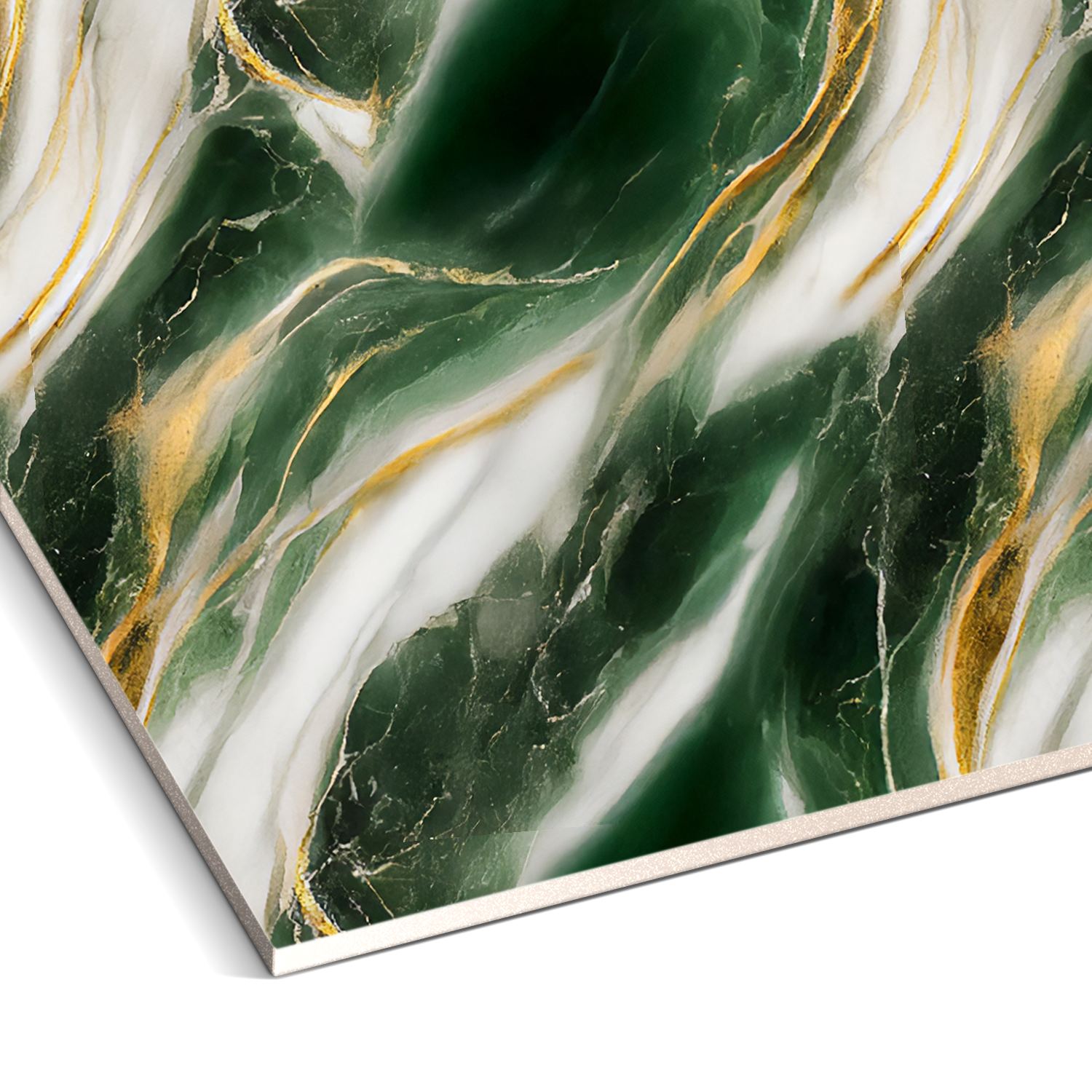 A detailed view of the Landmark Decors Emerald Blaze Marble Durable PVC Wall displays a swirling pattern in deep green, white, and gold veins, echoing luxurious aesthetics in modern interiors.