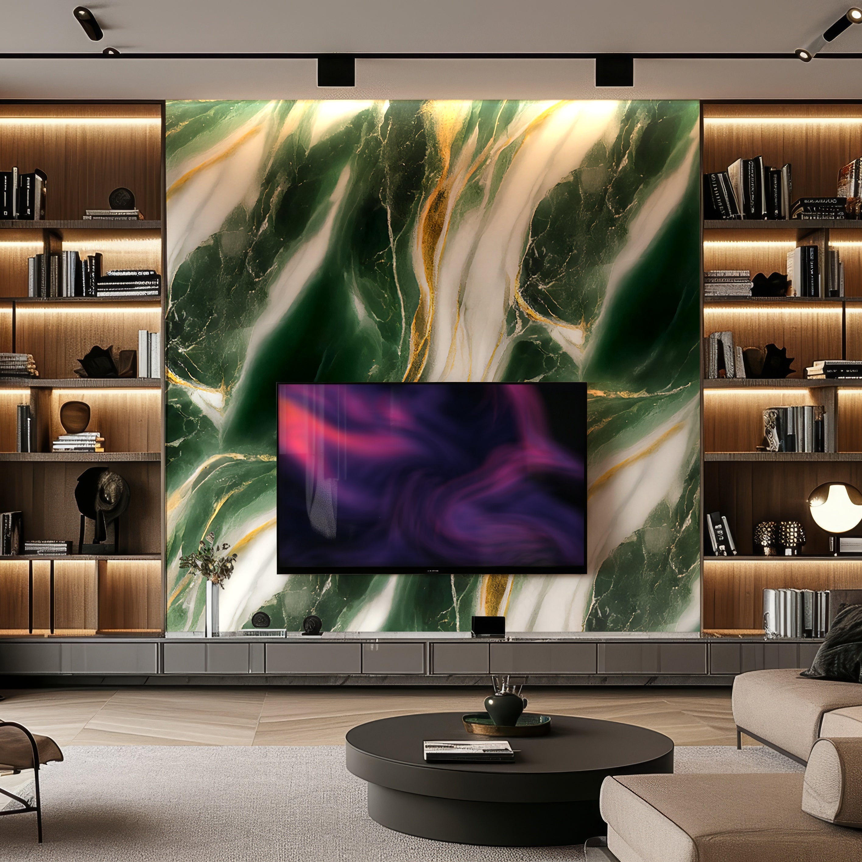 The modern living room features an Emerald Blaze Marble Durable PVC Wall by Landmark Decor, adding a luxurious touch. A mounted TV and built-in wooden shelves with decor complement the space, while a round coffee table and soft lighting complete the look.