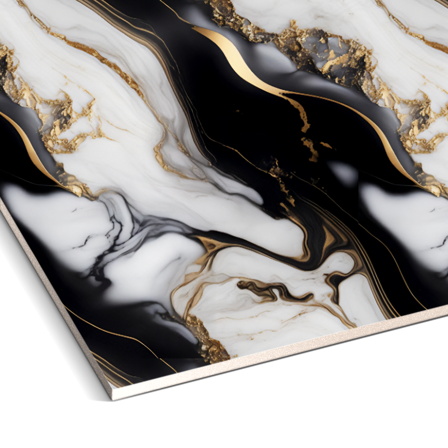 The Luxe Noir Marble Durable PVC Wall by Landmark Decor, with its swirling black, white, and gold patterns, exudes luxury aesthetics and is an ideal choice for interior design aficionados.