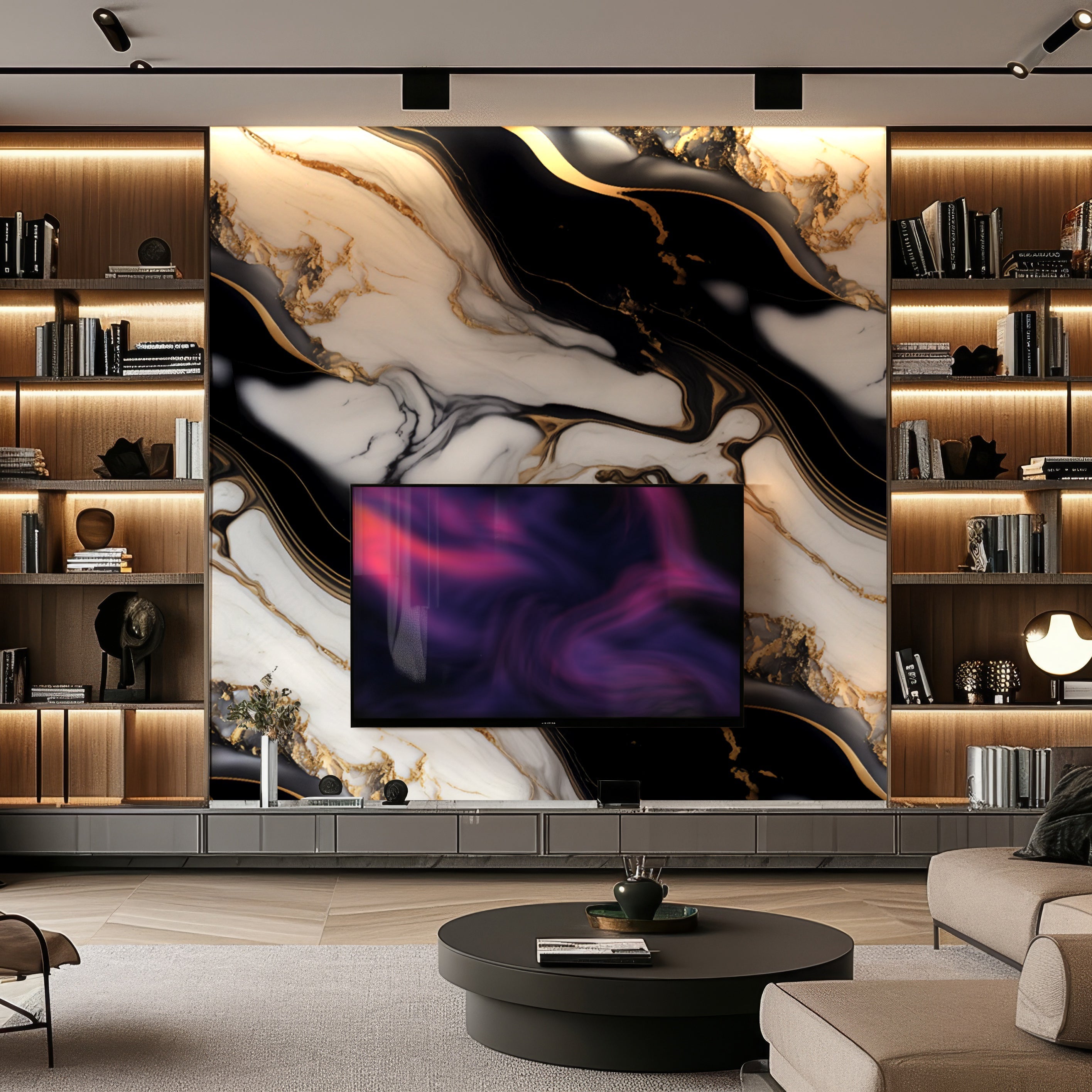 Showcasing luxury aesthetics, the modern living room features a large TV on Landmark Decors Luxe Noir Marble Durable PVC wall panels. Built-in wooden shelves hold chic decor, and a round coffee table sits invitingly in front.