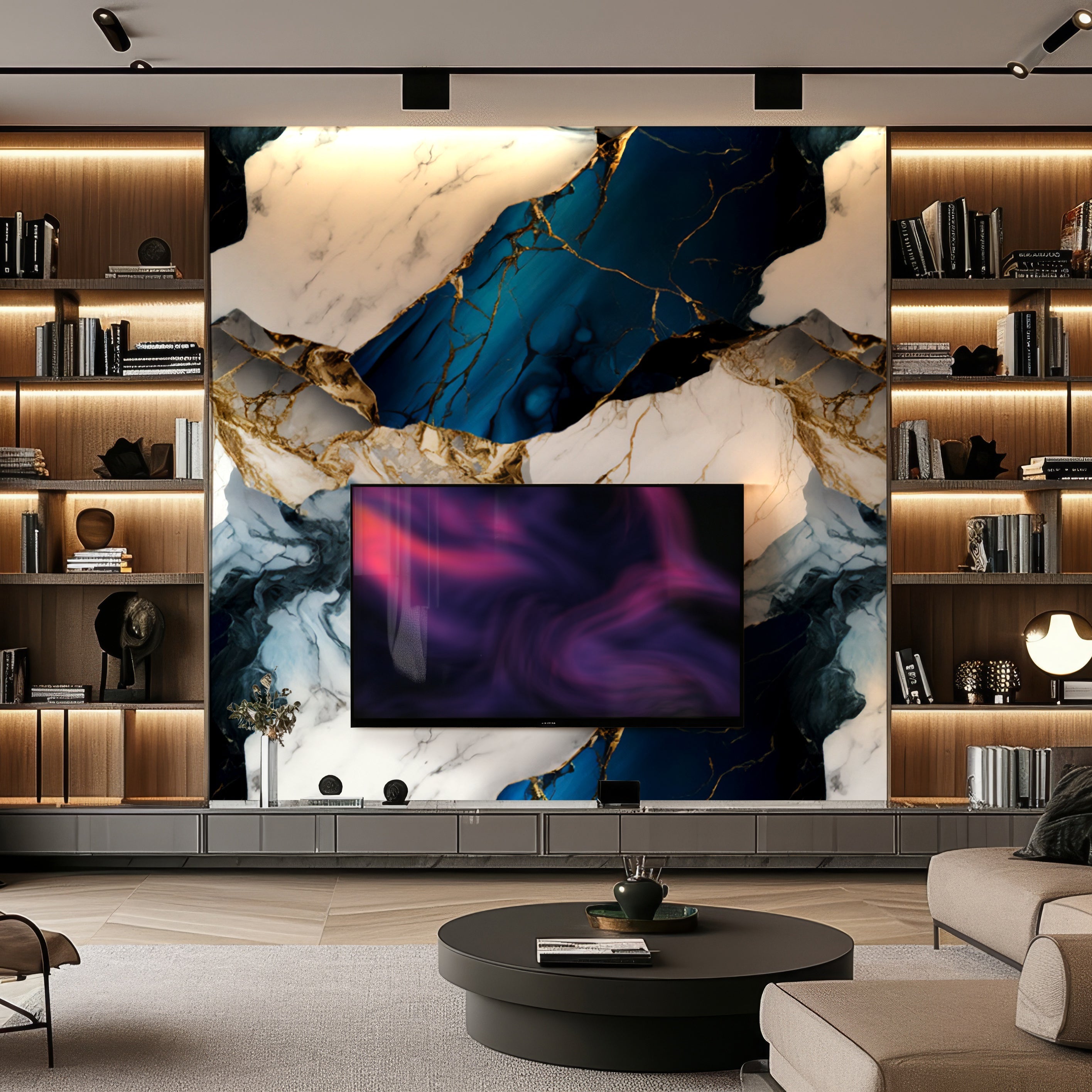 A modern living room features a TV on the Landmark Decors Blue Mirage Marble Durable PVC Wall panels, highlighted by blue and gold tones. Books and decor fill shelves beside the TV, while a low table and lush plants complete the luxurious contemporary aesthetic.