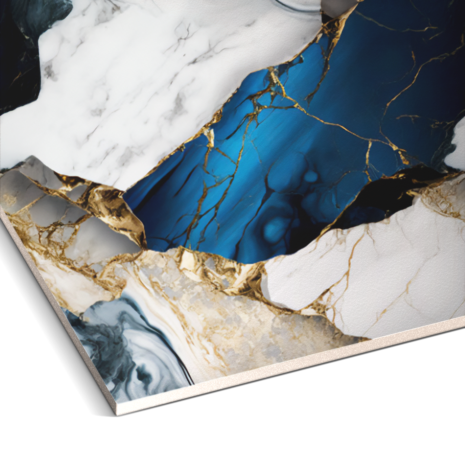 Landmark Decors Blue Mirage Marble Durable PVC Wall features abstract artwork in white, blue, and black marbled patterns with gold veins, capturing the luxurious aesthetics of modern interior design.