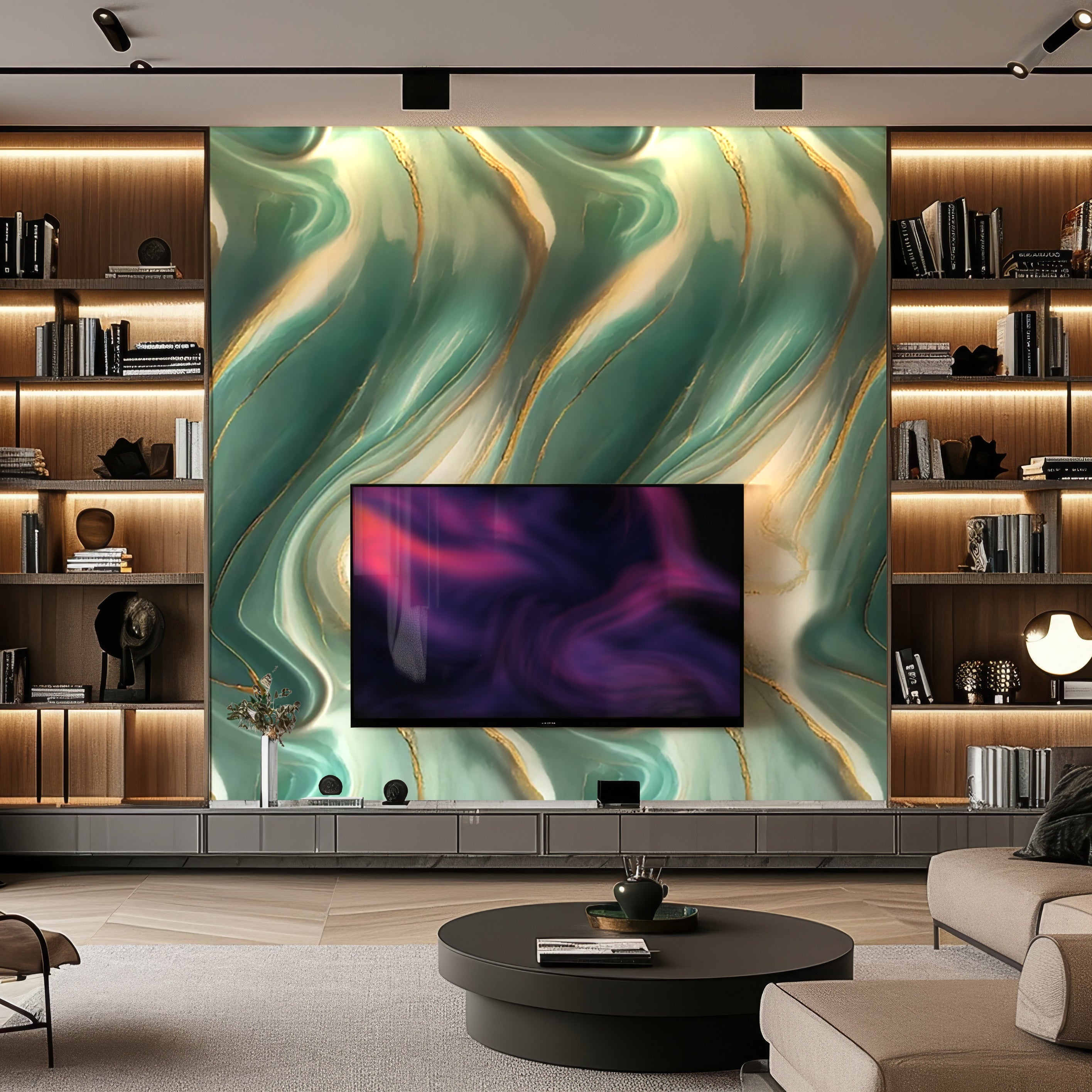 In a modern living room, a large TV is mounted on Landmark Decors Sea Crest Marble Durable PVC Wall Panels in green and gold. Lit shelves with books and decor enhance the luxurious vibe. A round coffee table graces the wooden floor center stage.
