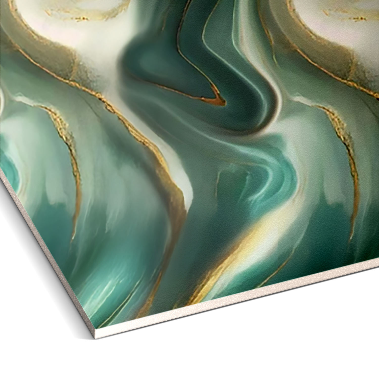 The Sea Crest Marble Durable PVC Wall by Landmark Decor features abstract artwork with swirling teal, white, and gold tones, creating a fluid marble-like pattern. It combines luxurious aesthetics with durability for any interior space.