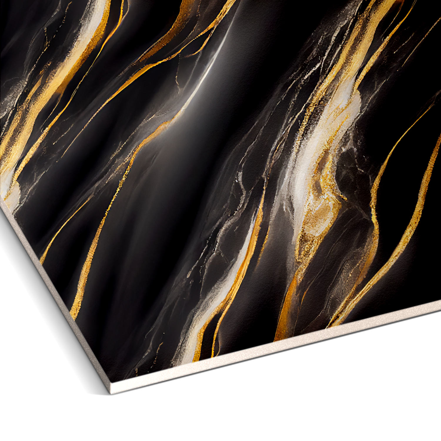 A sophisticated piece, this abstract painting with wave-like gold, black, and white patterns imitates the luxurious aesthetics of the Galaxy Flow Marble Durable PVC Wall by Landmark Decor.