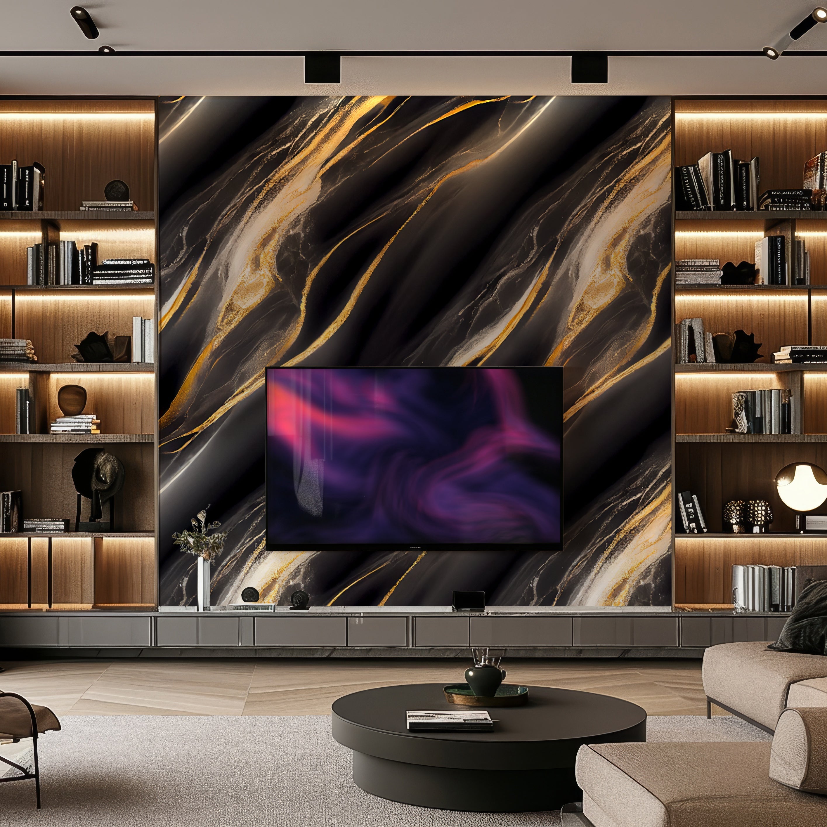 A modern living room features a large TV on a wall adorned with Galaxy Flow Marble Durable PVC Wall panels by Landmark Decor, providing luxury and durability. Surrounding shelves display books and decor, enhancing the chic ambiance.