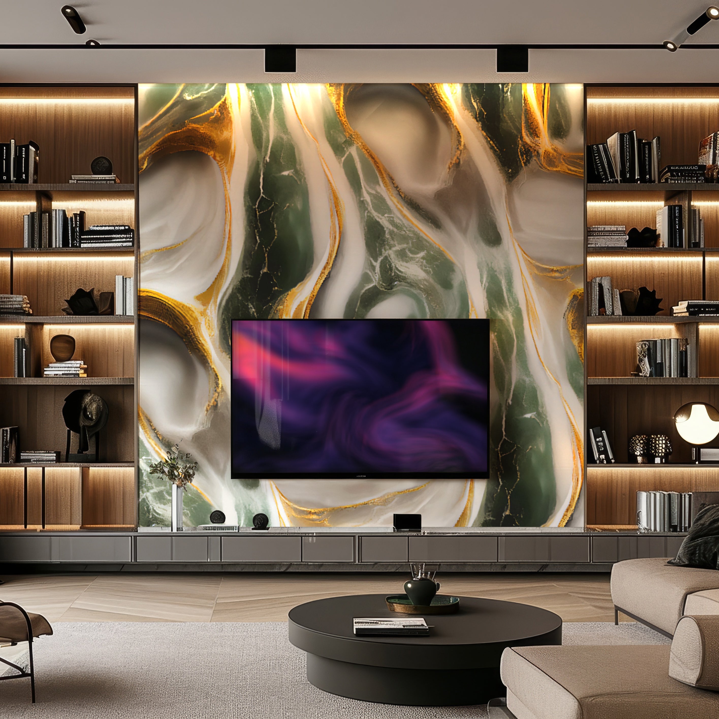 The living room features a mounted TV on Landmark Decors Jade Eclipse Marble Durable PVC Wall panels with swirling patterns, flanked by lit wooden shelves displaying books and decor; a central round coffee table enhances the contemporary aesthetics.