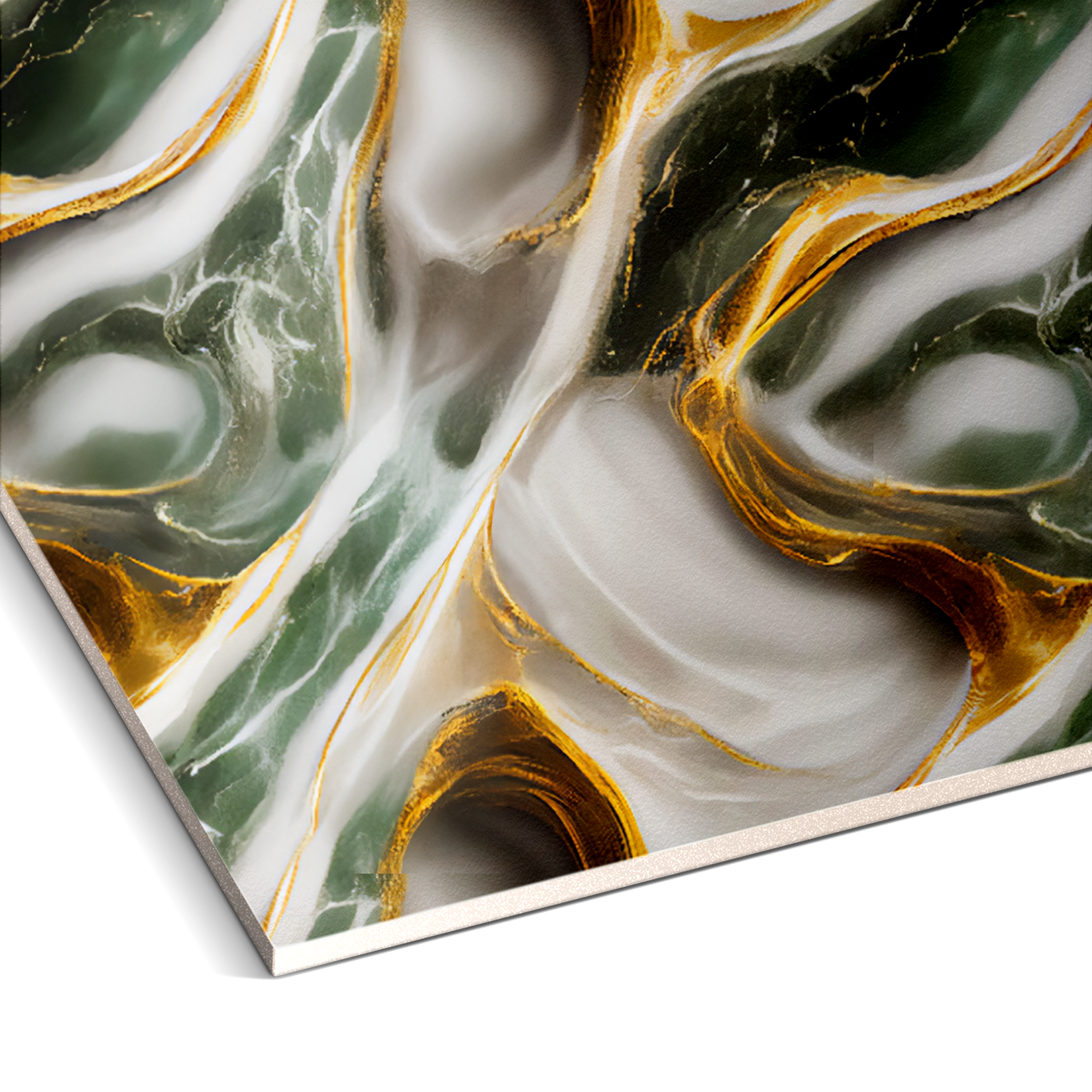 The Jade Eclipse Marble Durable PVC Wall by Landmark Decor features a close-up of swirling green, white, and gold patterns, embodying luxurious aesthetics ideal for contemporary settings.