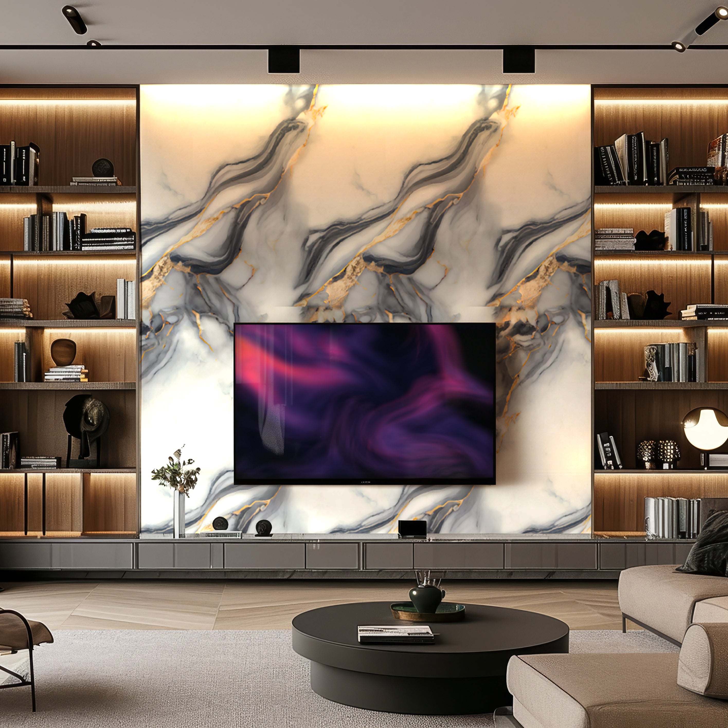 A sleek living room boasts a large TV on Landmark Decors Cloudstone Stream Marble Durable PVC Wall panels, enhancing its modern design. Shelves with books and decor items elegantly surround the TV. A round coffee table sits in front of a low cabinet, completing the chic ambiance.