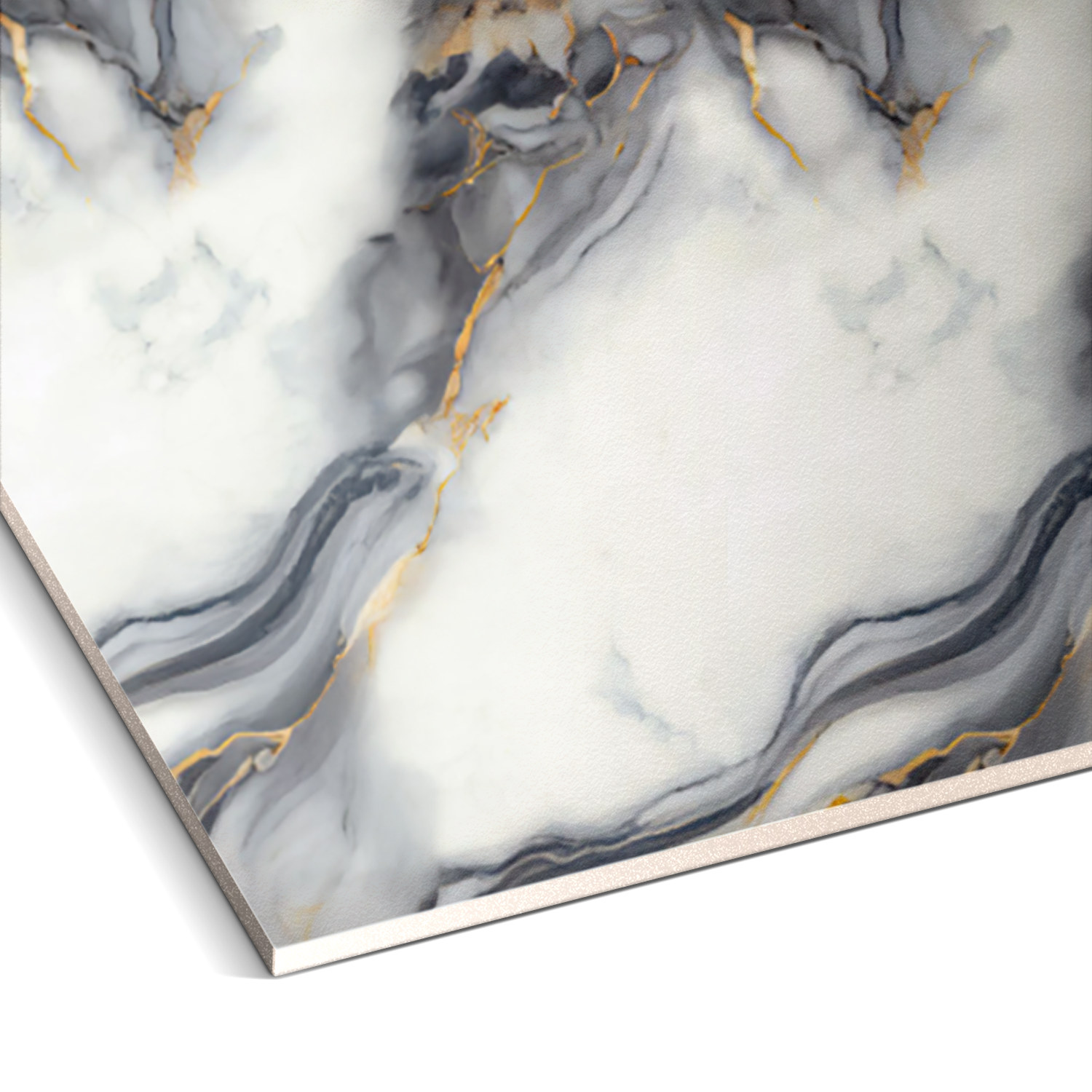 Experience the elegance of Landmark Decors Cloudstone Stream Marble PVC wall panels, featuring marble-patterned designs with gray and white swirls highlighted by gold veining. Ideal for modern interiors, they present a stunning view from every angle.