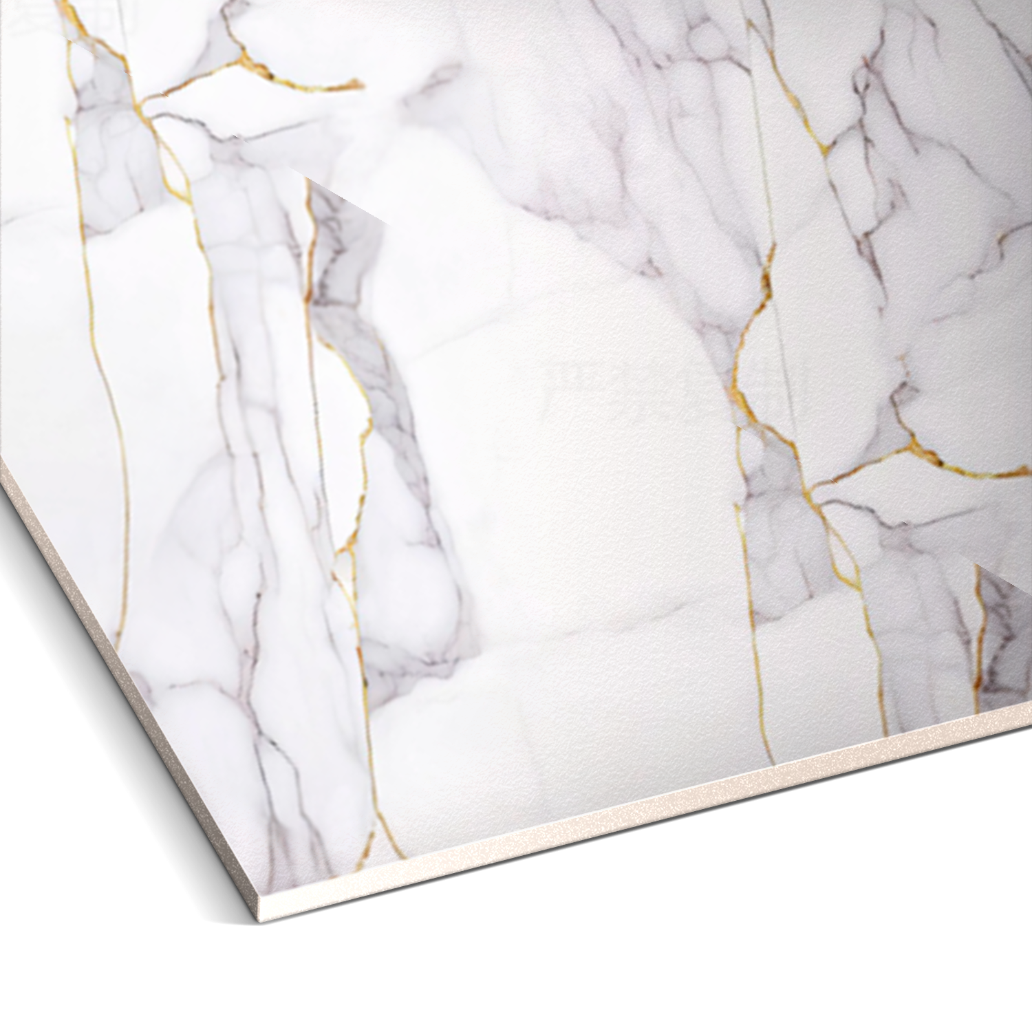 A book mimics the luxurious look of a product by Landmark Decor, featuring a White Silk Vein Marble Durable PVC Wall design, with white marble and gold veins. The glistening page edges on the left side provide an elegant and durable display.