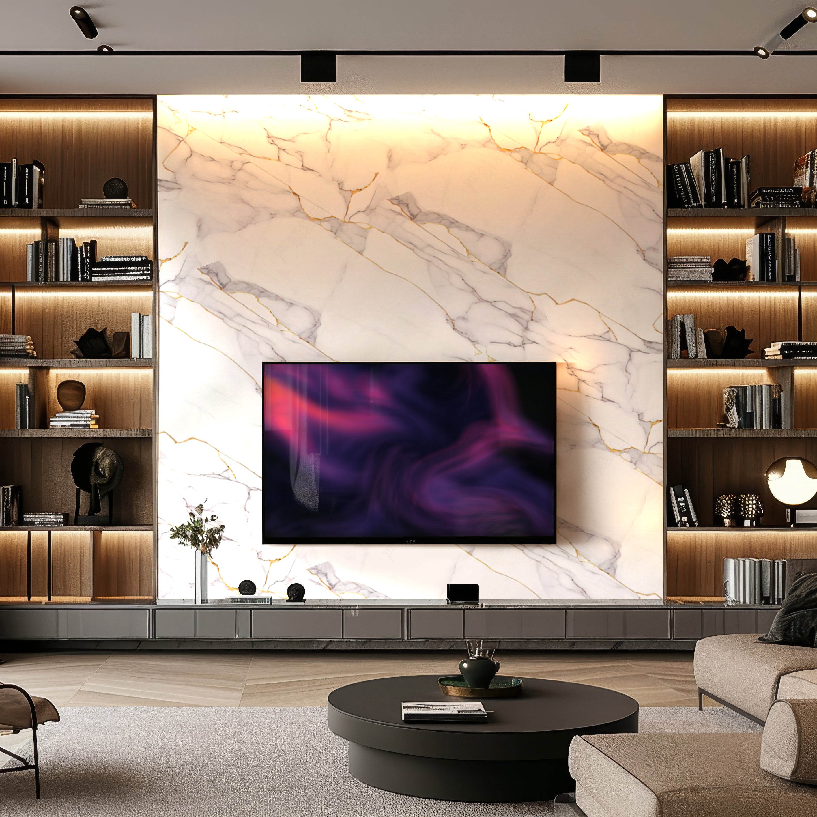A modern living room boasts luxurious aesthetics with Landmark Decors White Silk Vein Marble Durable PVC Wall, a mounted TV, and built-in shelving. A round coffee table enhances the space while warm ambient lighting fosters coziness, blending style with durability.
