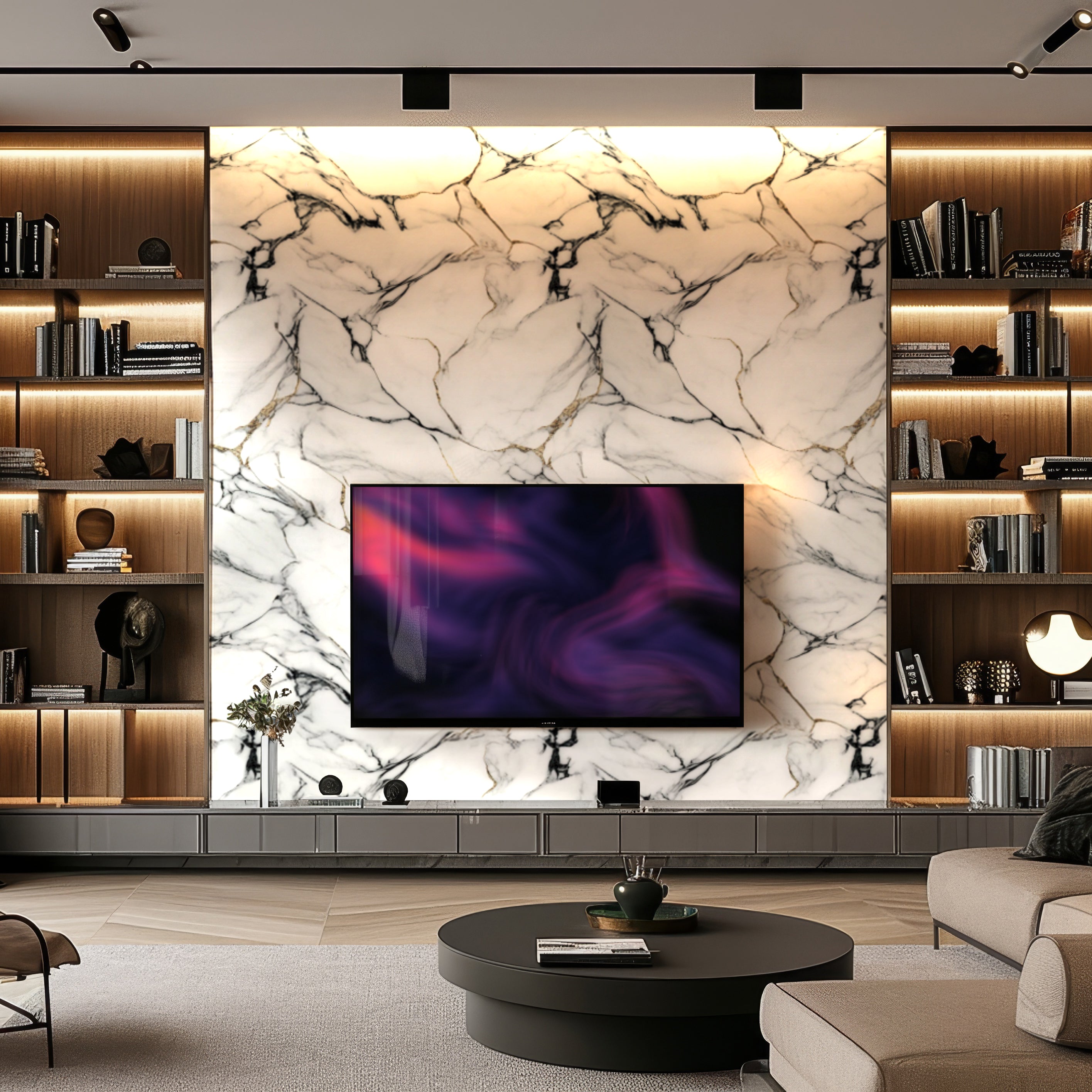 A modern living room with a luxurious look features Landmark Decors Onyx Snow Marble Durable PVC Wall panels, a large TV, and built-in shelves. A circular coffee table and sleek decor enhance the contemporary design while ensuring everyday elegance.