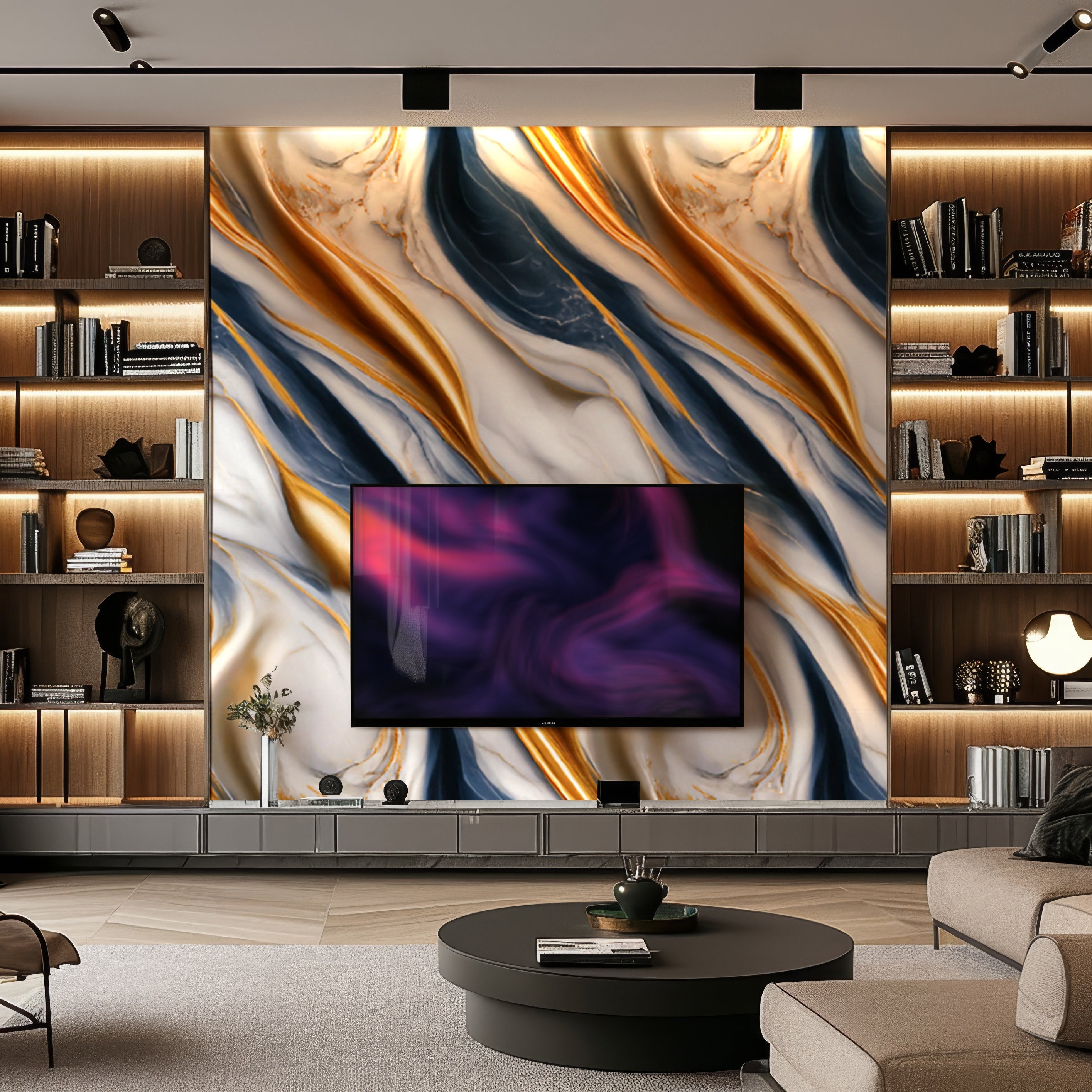 A modern living room showcases luxury with the Royal Tide Marble Durable PVC Wall by Landmark Decor, featuring large abstract marbled panels. The space includes a TV and wooden shelves adorned with books and decor.