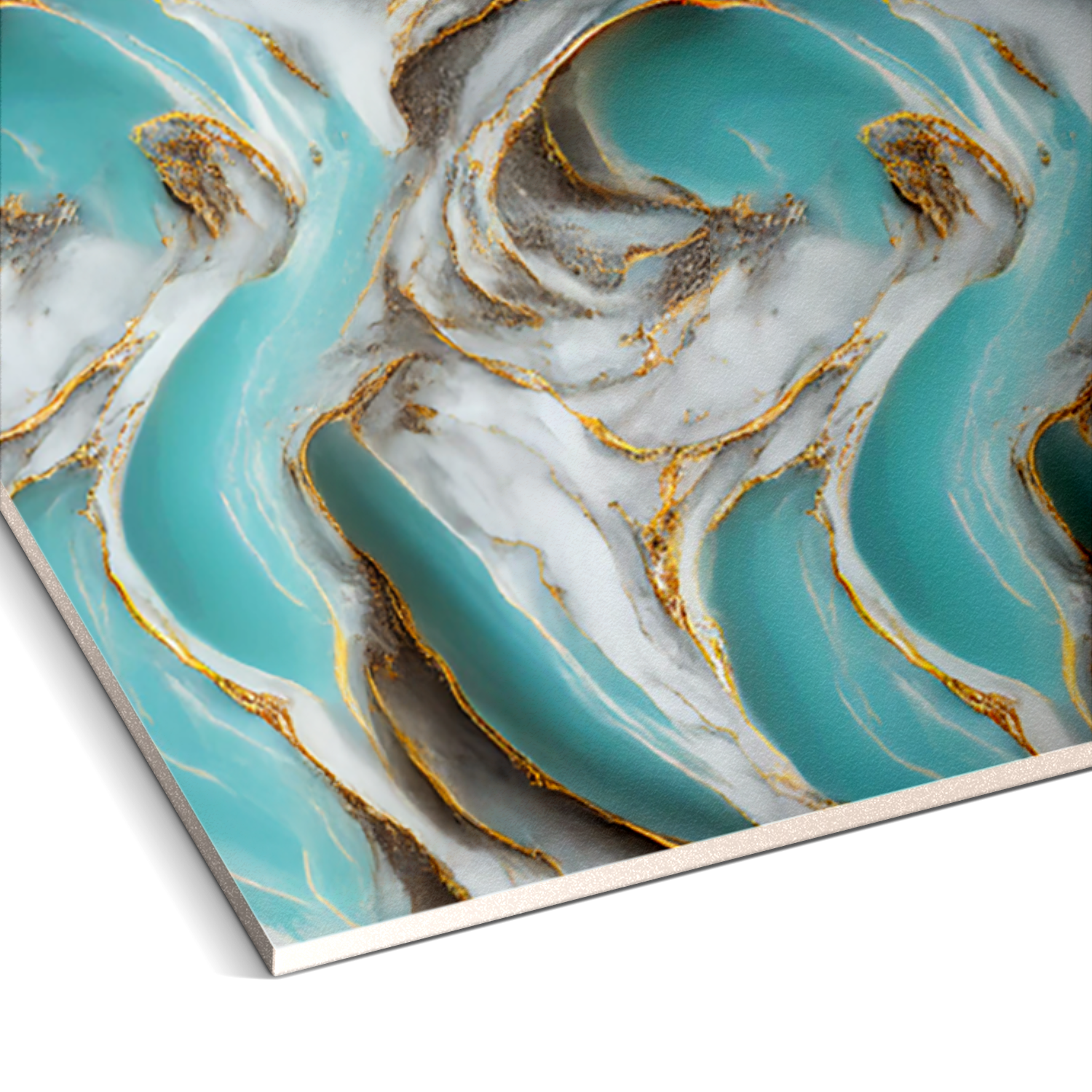 The Aqua Coral Marble Durable PVC Wall from Landmark Decor showcases abstract swirls in turquoise, white, and gold, offering a luxurious aesthetic.