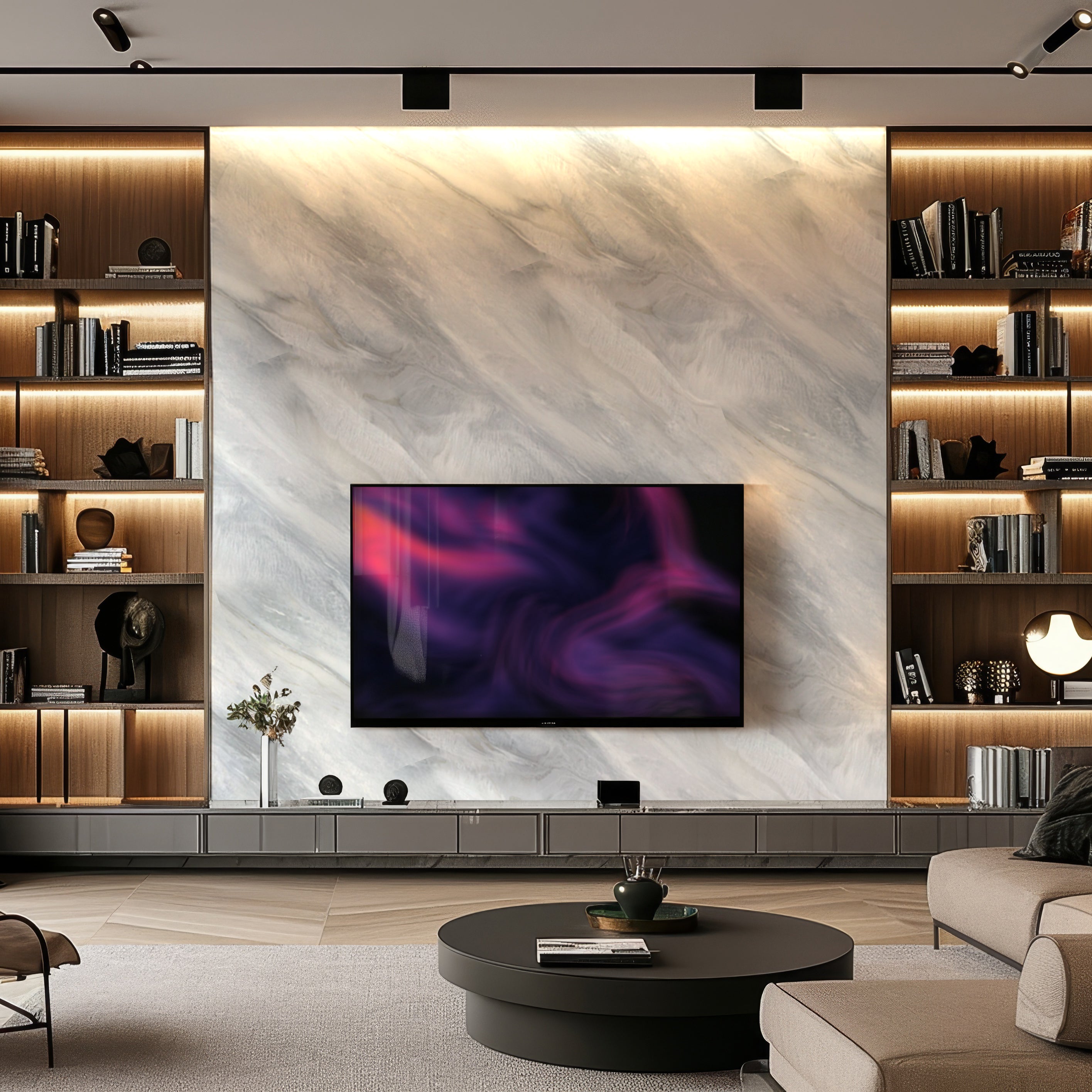 A modern living room exudes luxury with Landmark Decors Royal Sunset Marble Durable PVC wall panels, featuring a mounted TV displaying abstract art. Wooden shelves overflow with books and decor, while a round coffee table and gray sofa complete the design.
