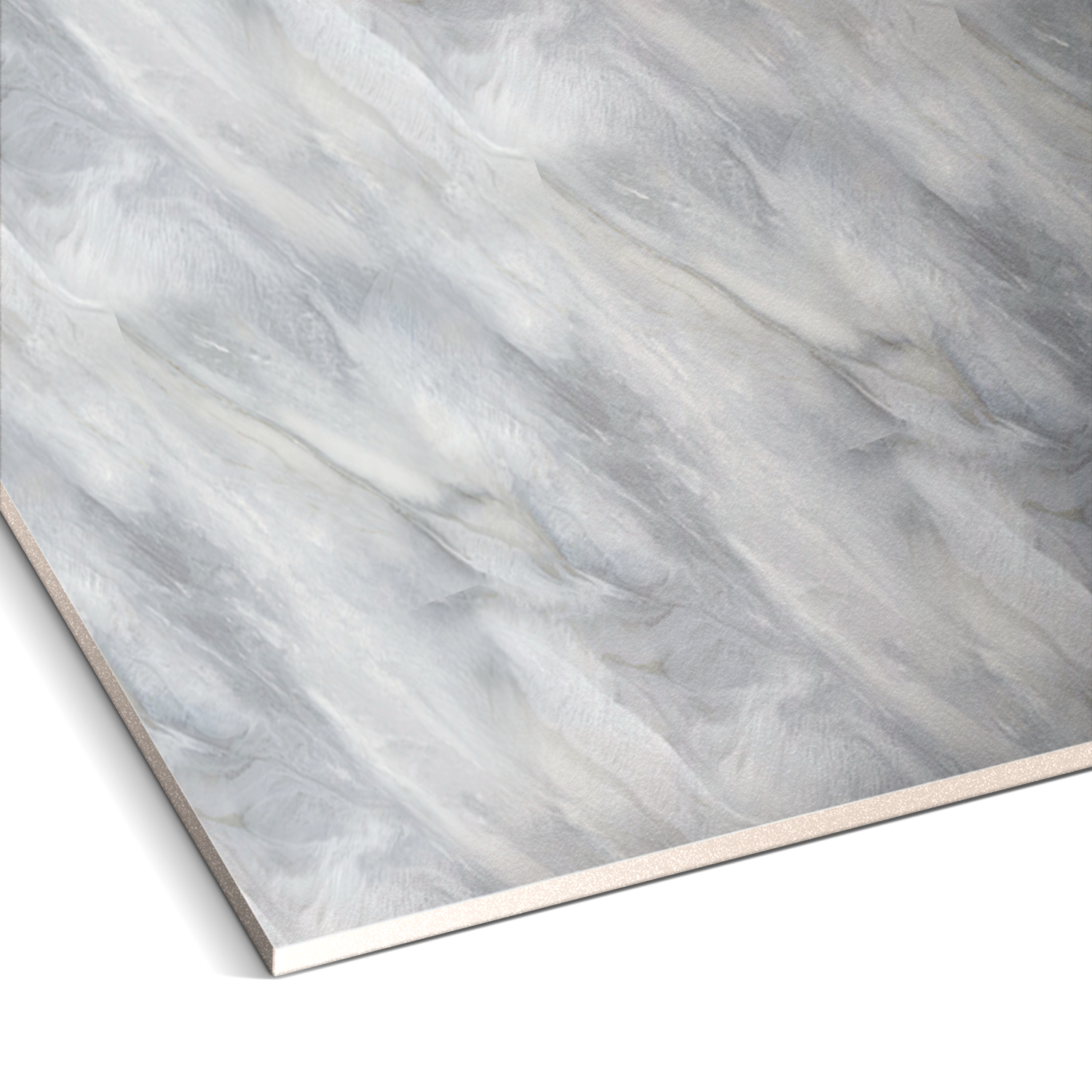 Close-up of Landmark Decors Cloudstone Pearl Marble Durable PVC Wall shows a rectangular, lightly textured surface with a marbled gray pattern and smooth white edge, resembling luxurious wall panels admired in interior design.